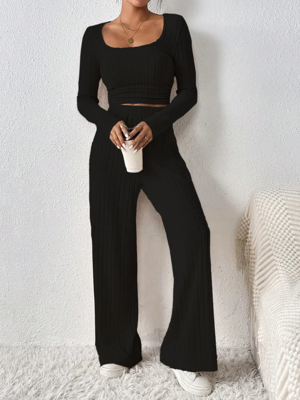 Honey Scoop Neck Long Sleeve Top and Pants Set - Thalia Chic