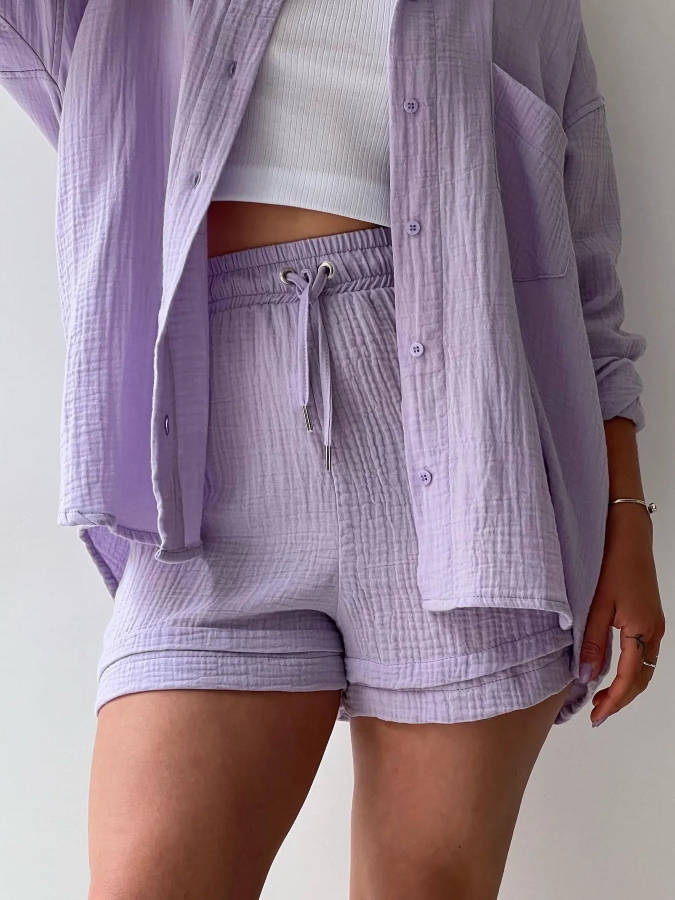 Textured Button Up Shirt and Shorts Set - Thalia Chic
