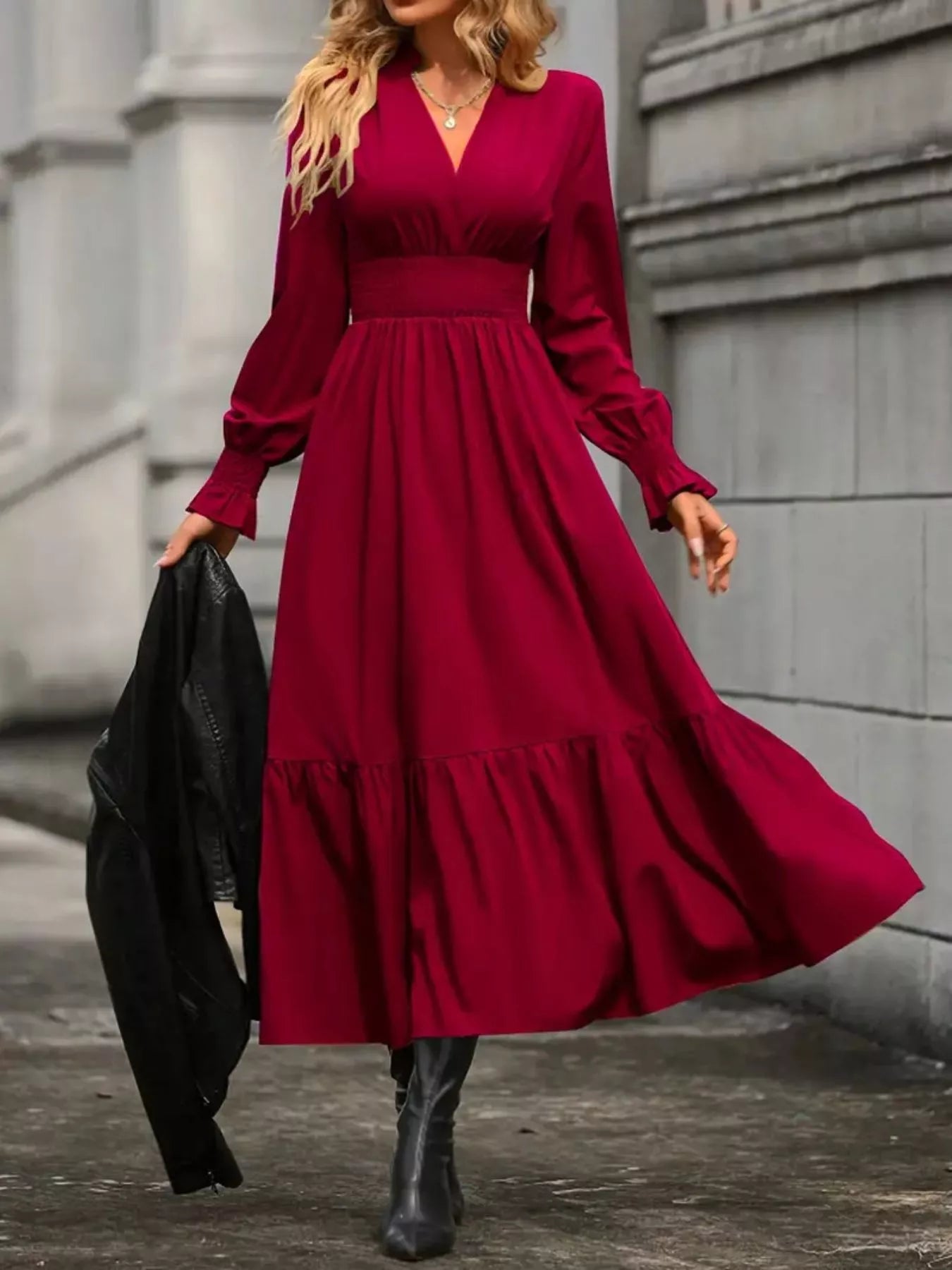 Surplice Long Sleeve Tiered Midi Dress - Thalia Chic