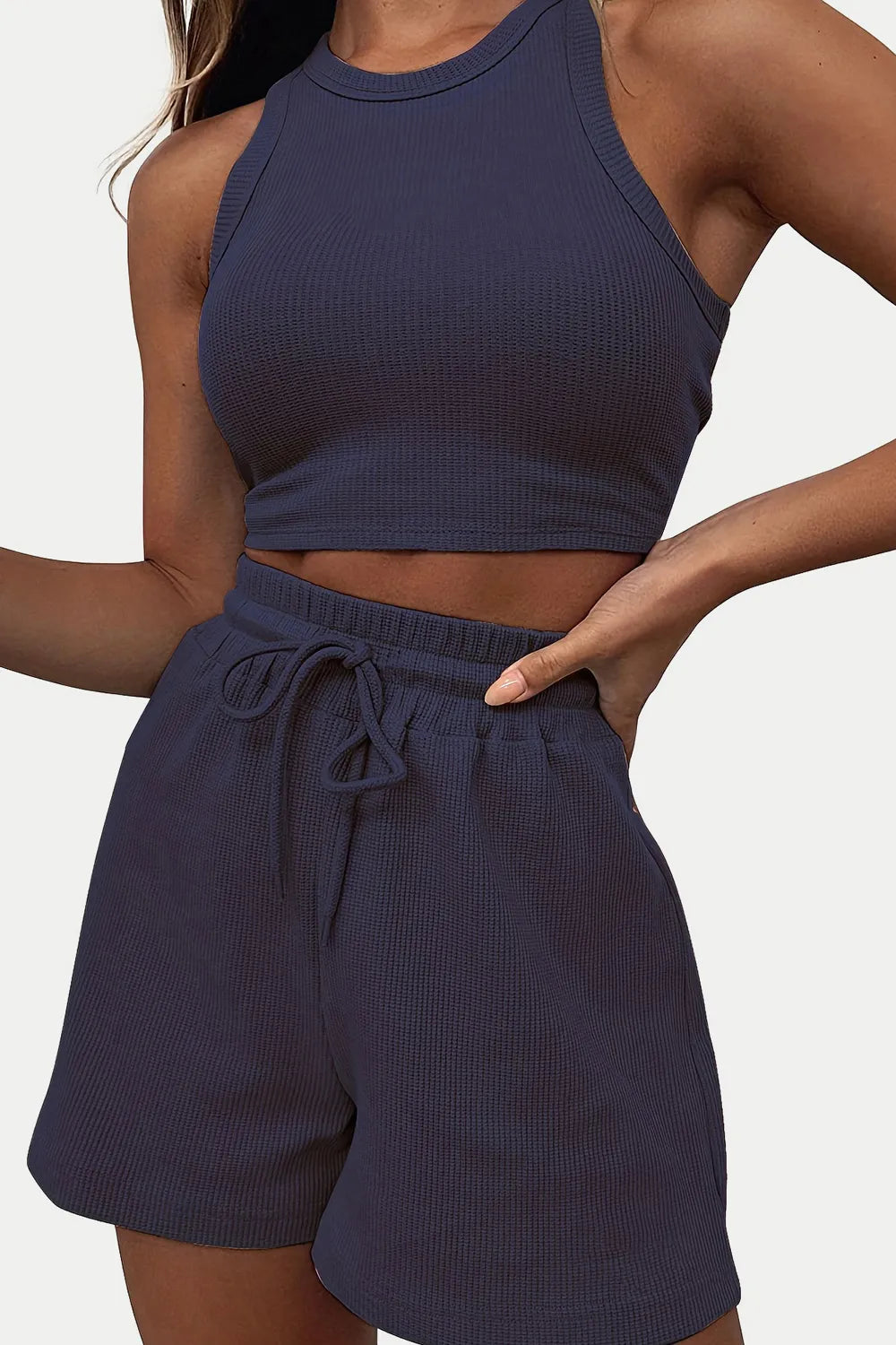 Round Neck Top and Drawstring Shorts Set - Thalia Chic