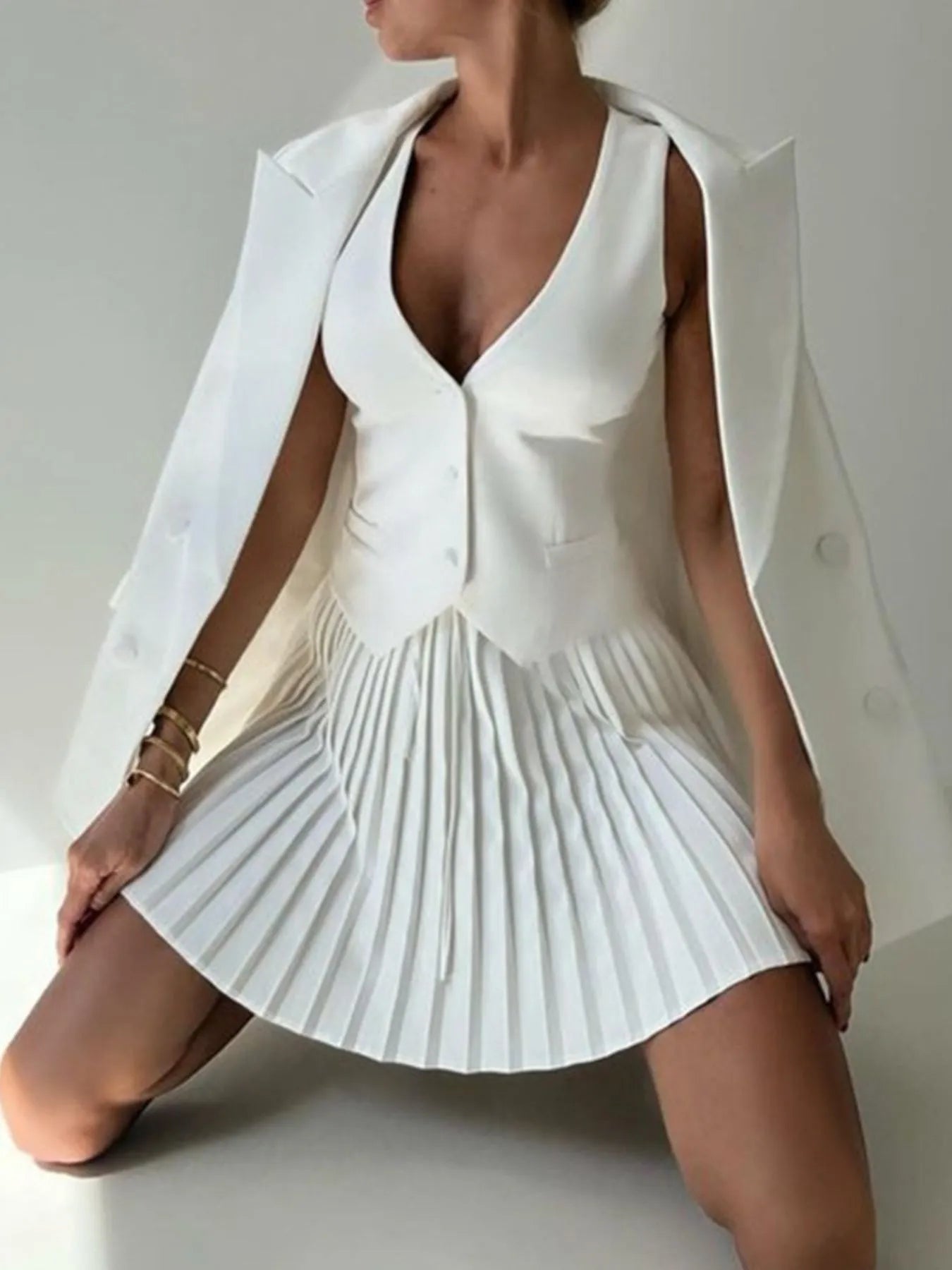 Button Up Vest and Pleated Mini Skirt Set - Thalia Chic