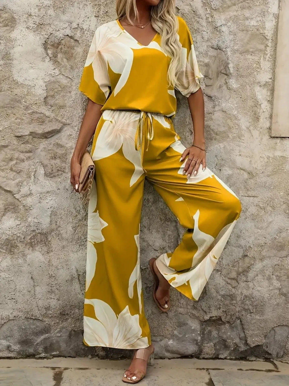 Printed V-Neck Top and Wide Leg Pants Set - Thalia Chic