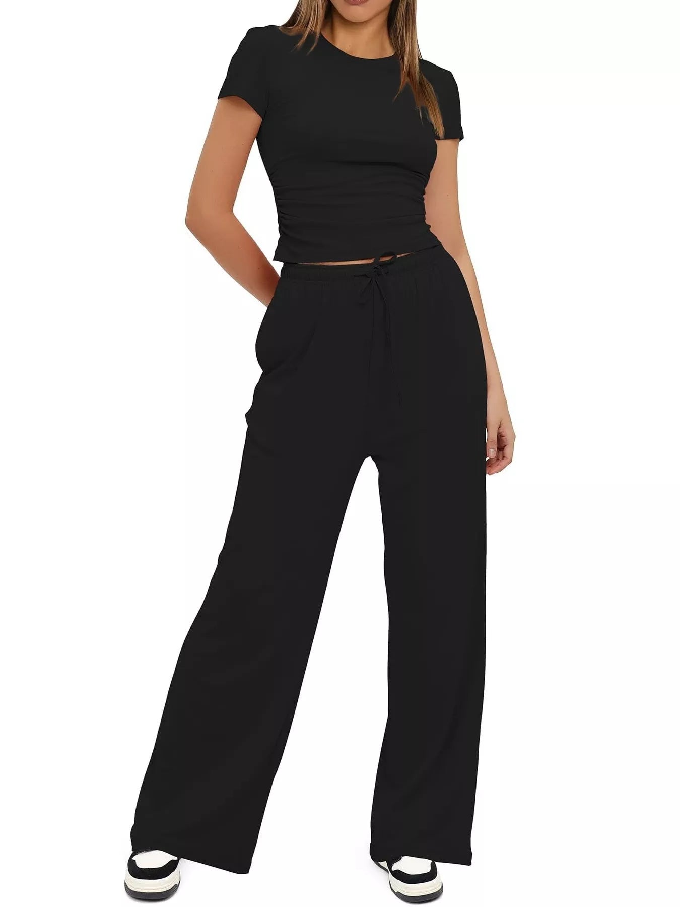 Round Neck Short Sleeve T-Shirt and Pants Set - Thalia Chic