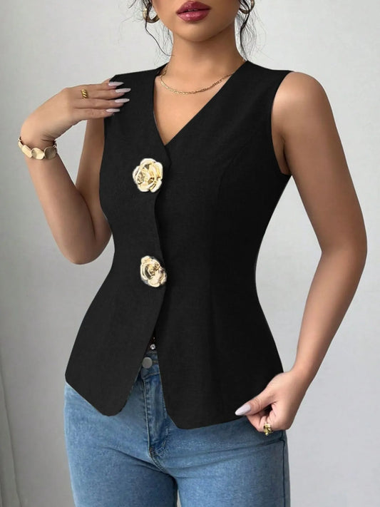V-Neck Button Detail Tank Top - Thalia Chic