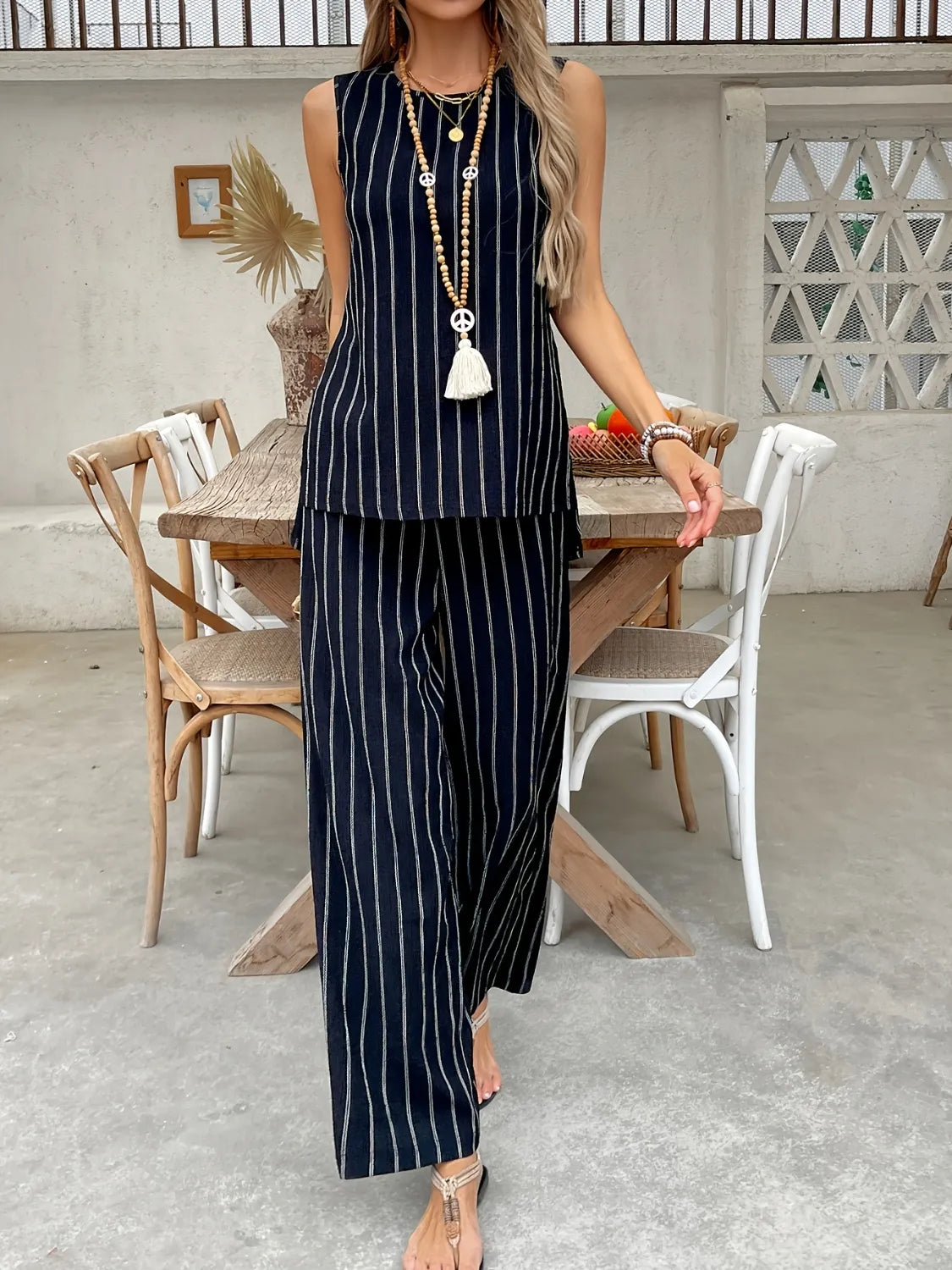 Striped Sleeveless Top and Pants Two-Piece Set - Thalia Chic