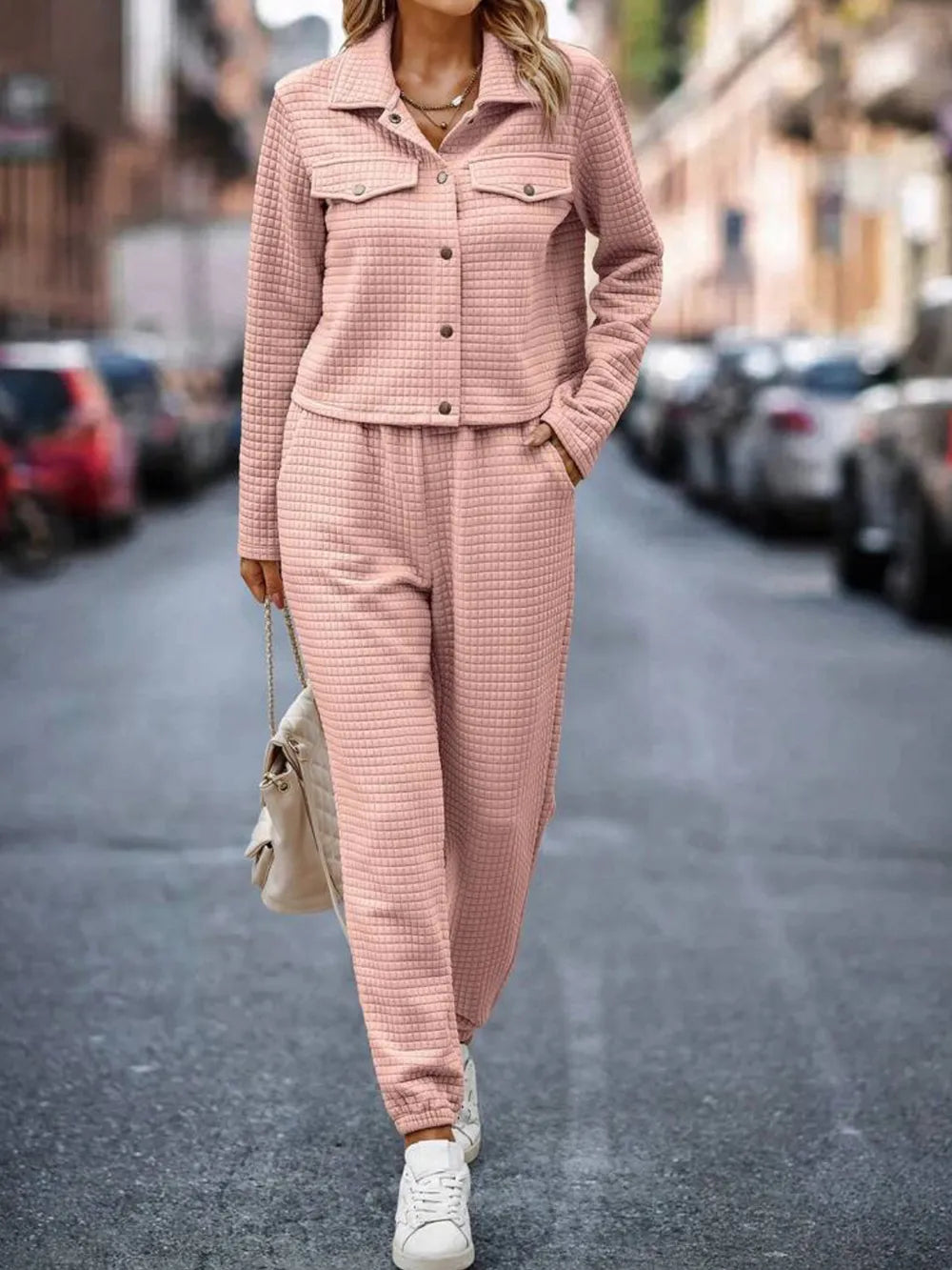 Plaid Texture Snap Down Top and Pants Set - Thalia Chic