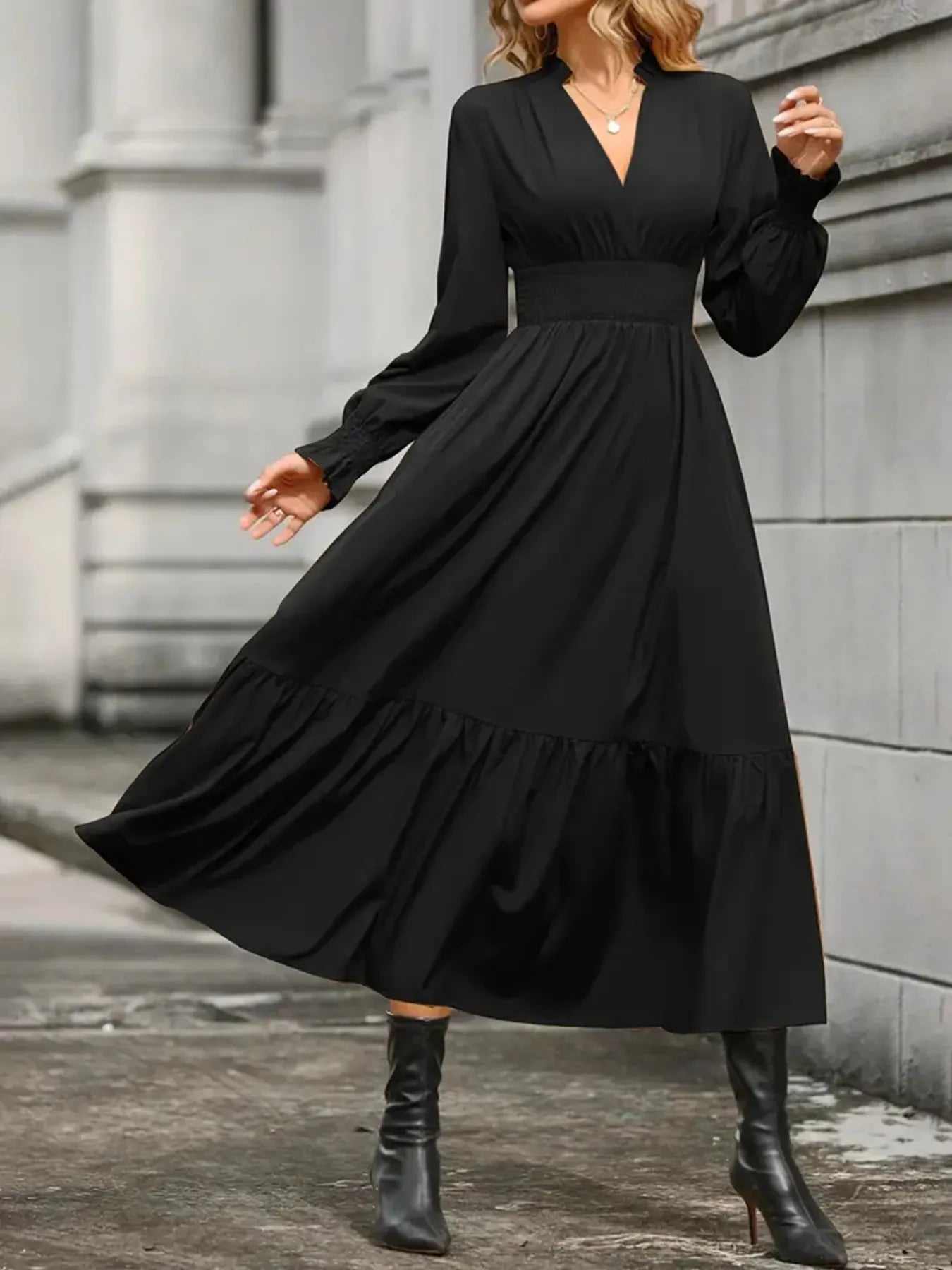 Notched Long Sleeve Tiered Dress - Thalia Chic
