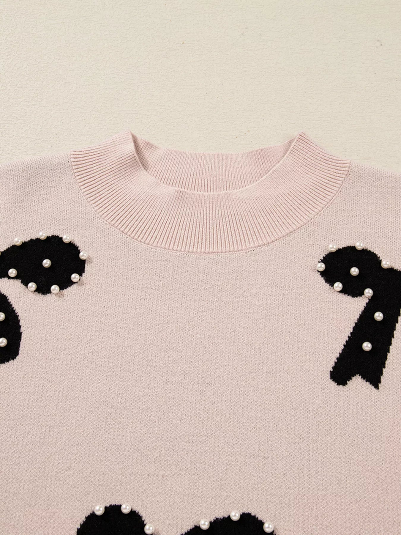 Pearl Embellished Bow Pattern Loose Sweater - Thalia Chic