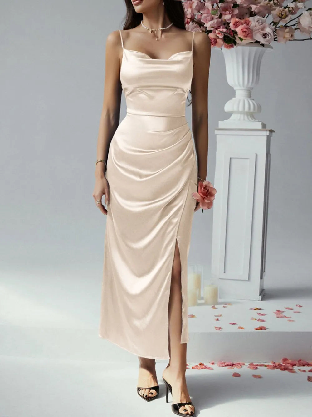 Devine Slit Ruched Maxi Cami Dress - Thalia Chic