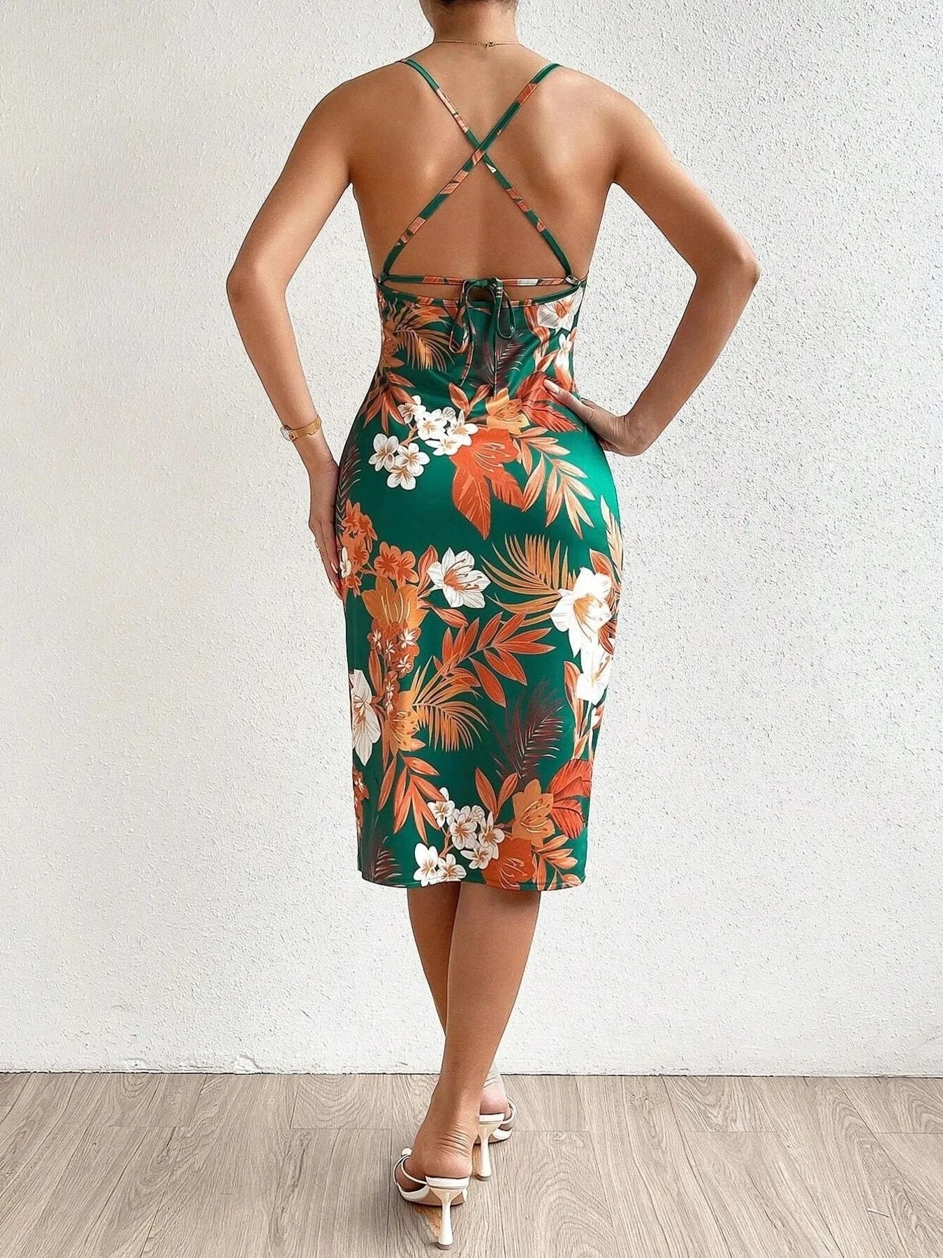 Crisscross Back Floral Print Bodycon Dress - Thalia Chic