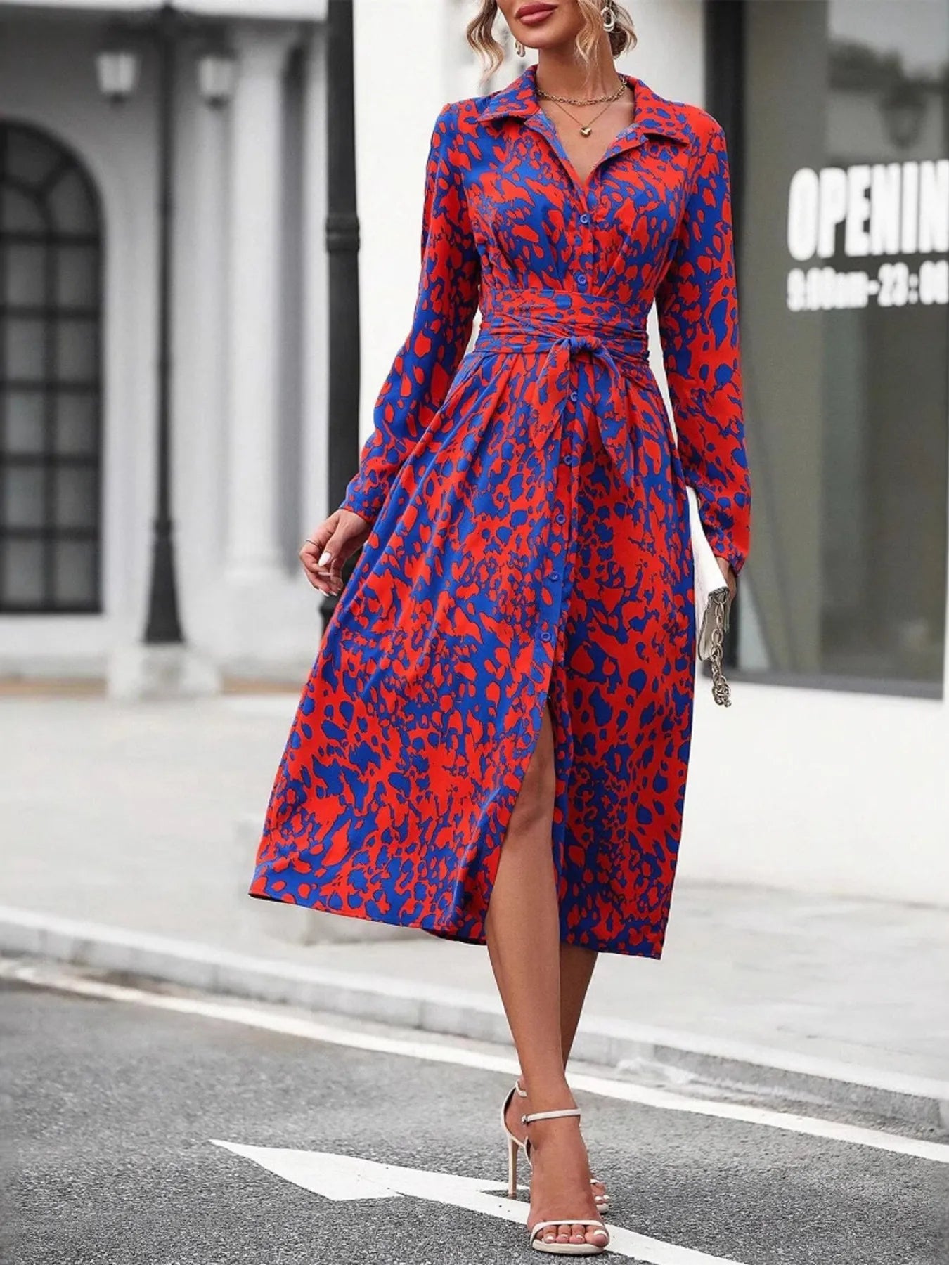 Printed Long Sleeve Shirt Dress - Thalia Chic