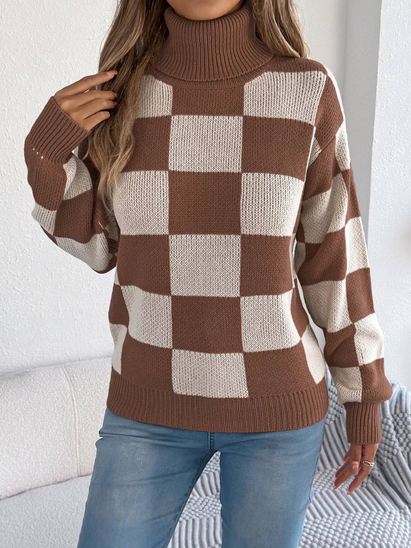 Checkered Turtleneck Long Sleeve Sweater - Thalia Chic