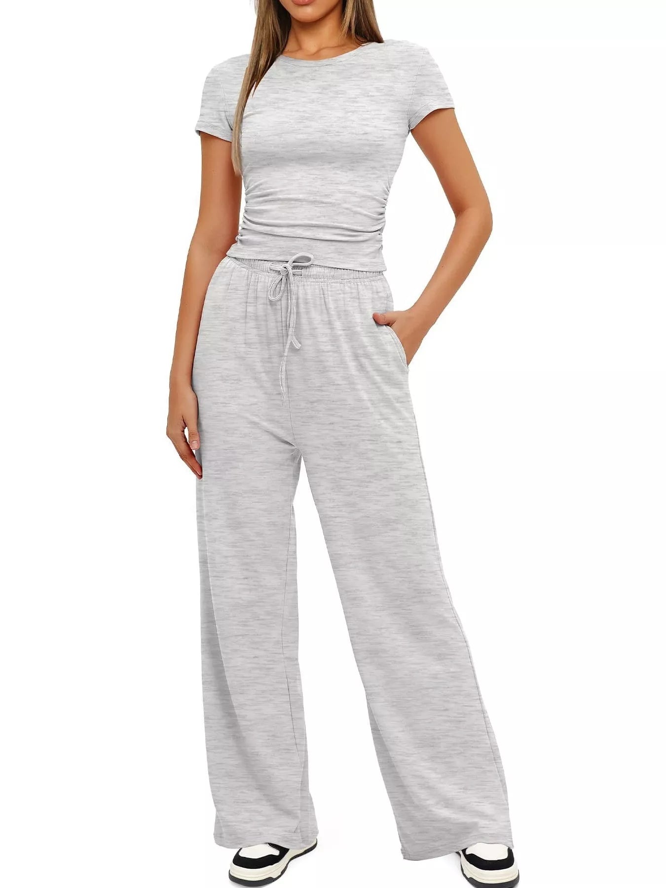 Round Neck Short Sleeve T-Shirt and Pants Set - Thalia Chic
