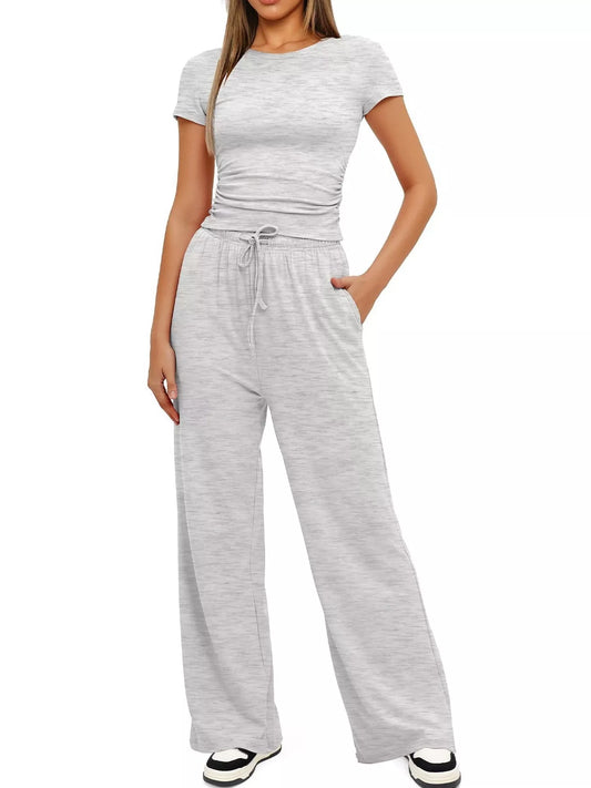 Round Neck Short Sleeve T-Shirt and Pants Set - Thalia Chic