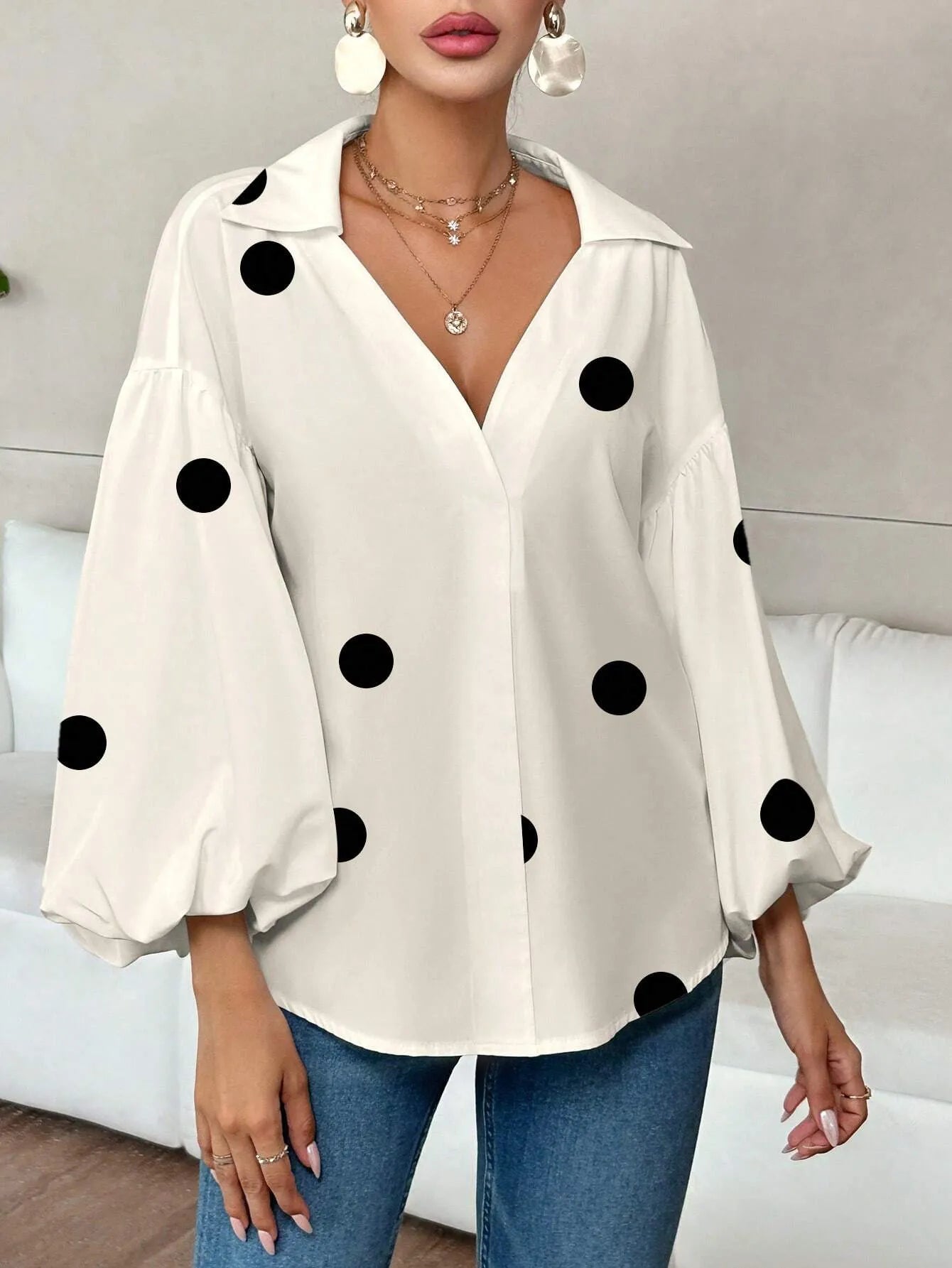 Polka Dot Balloon Sleeve Blouse - Thalia Chic