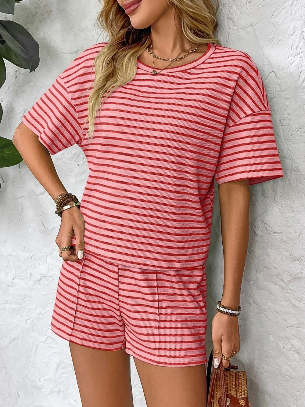 Striped Round Neck Short Sleeve Top and Shorts Set - Thalia Chic