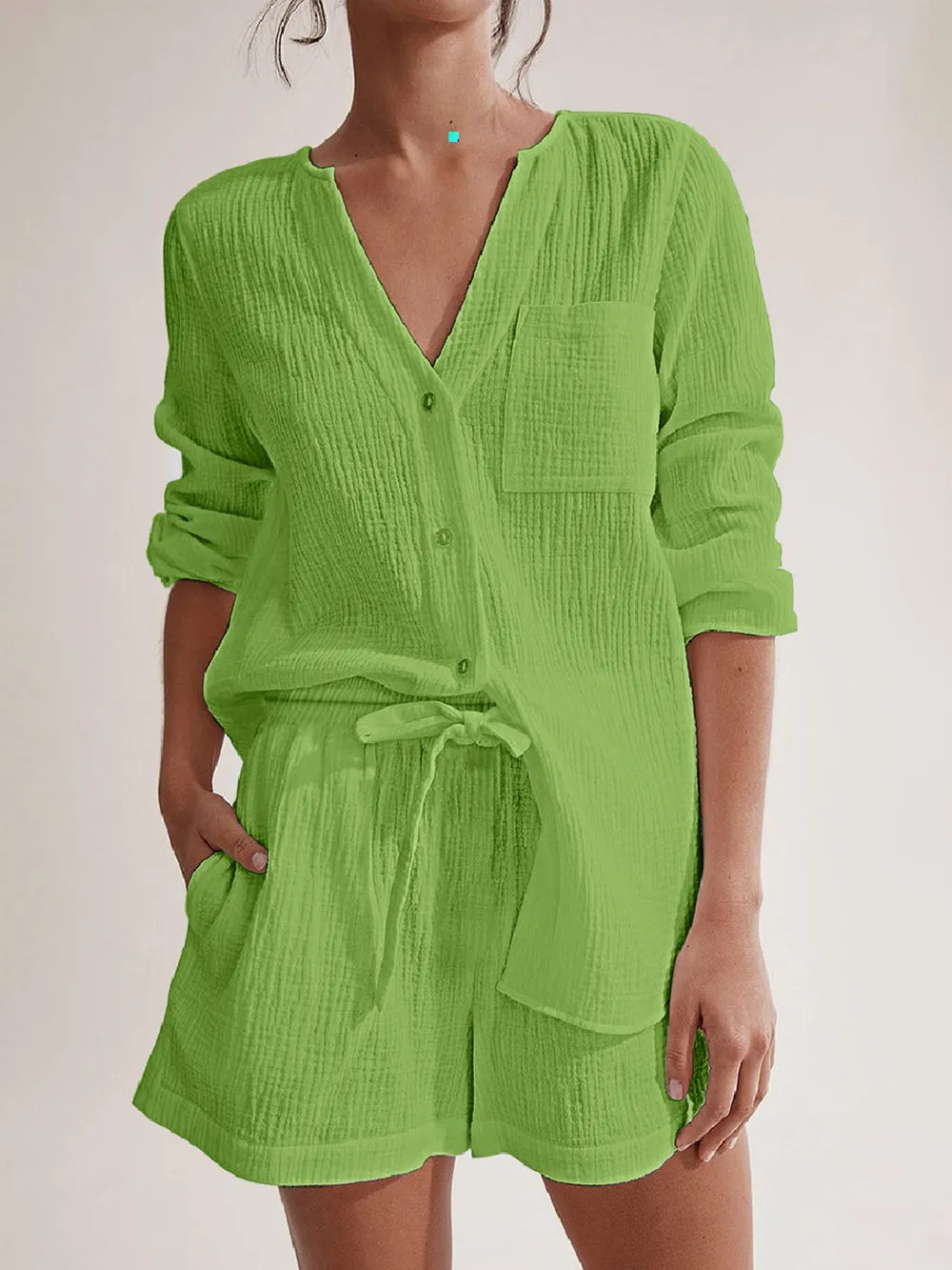 Notched Long Sleeve Top and Shorts Set - Thalia Chic