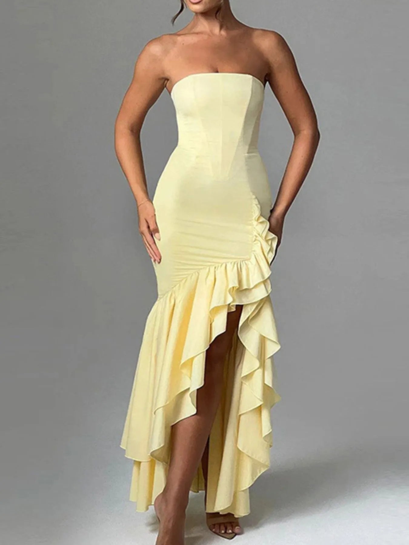 Strapless Ruffle High-Low Bodycon Dress - Thalia Chic