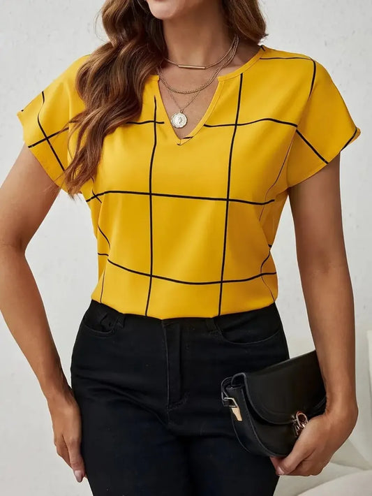 Plaid Contrast Notched Blouse - Thalia Chic