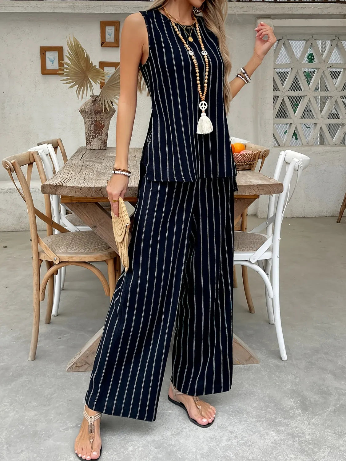 Striped Sleeveless Top and Pants Two-Piece Set - Thalia Chic