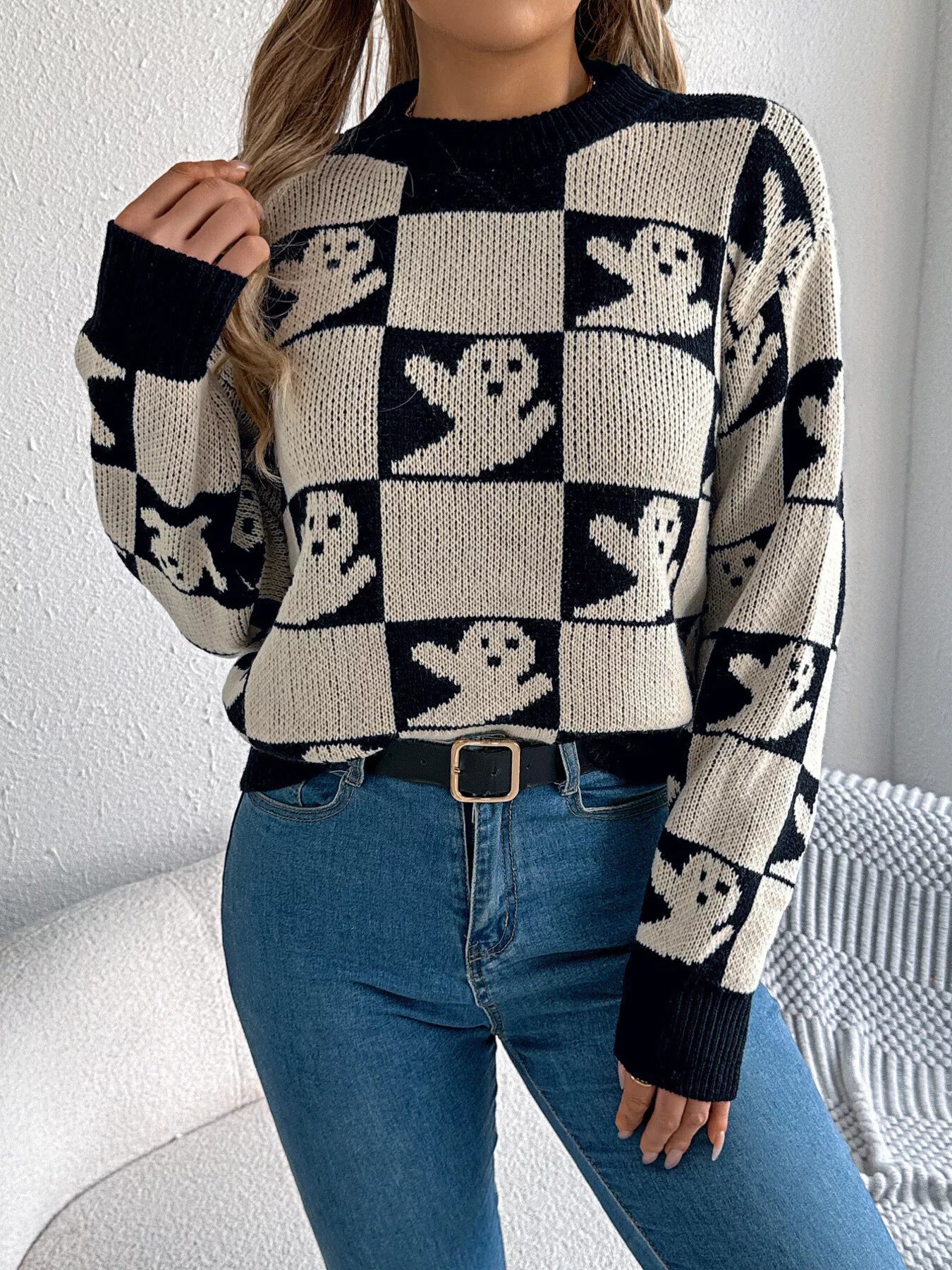 Halloween Ghost Pattern Checkered Round Neck Sweater - Thalia Chic