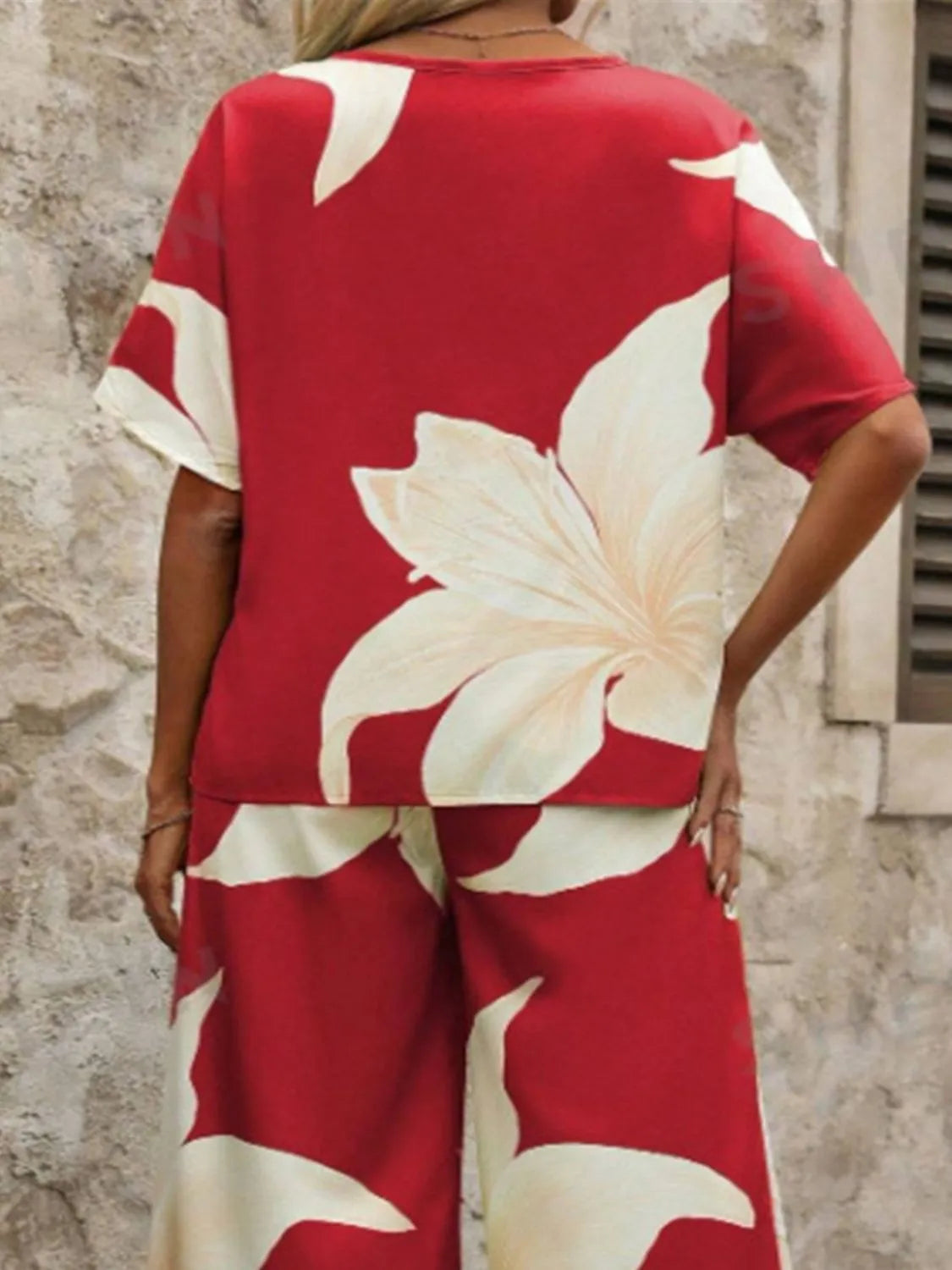 Printed V-Neck Top and Wide Leg Pants Set - Thalia Chic