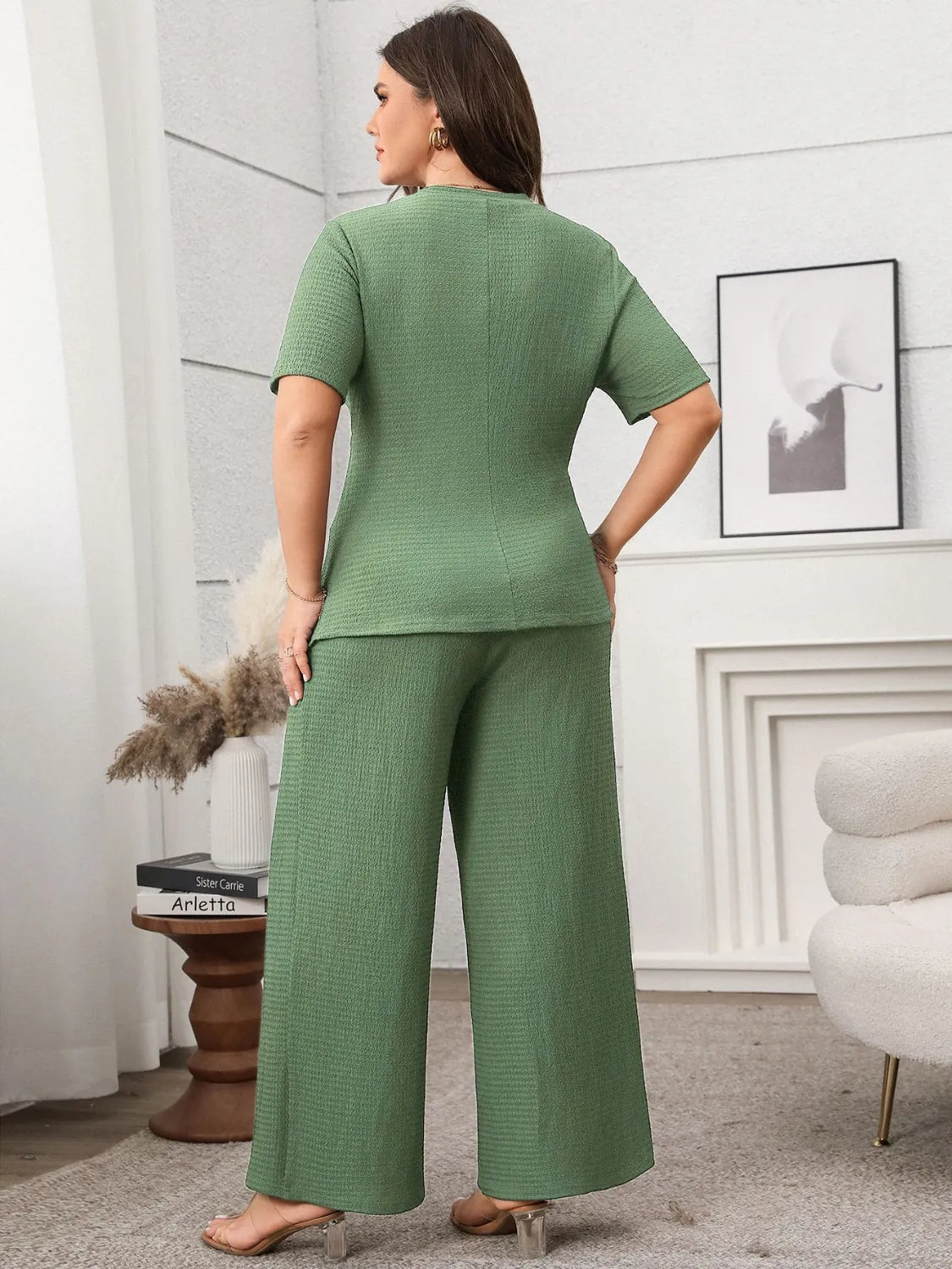 Plus Size Asymmetrical Round Neck Short Sleeve Top and Pants Set - Thalia Chic