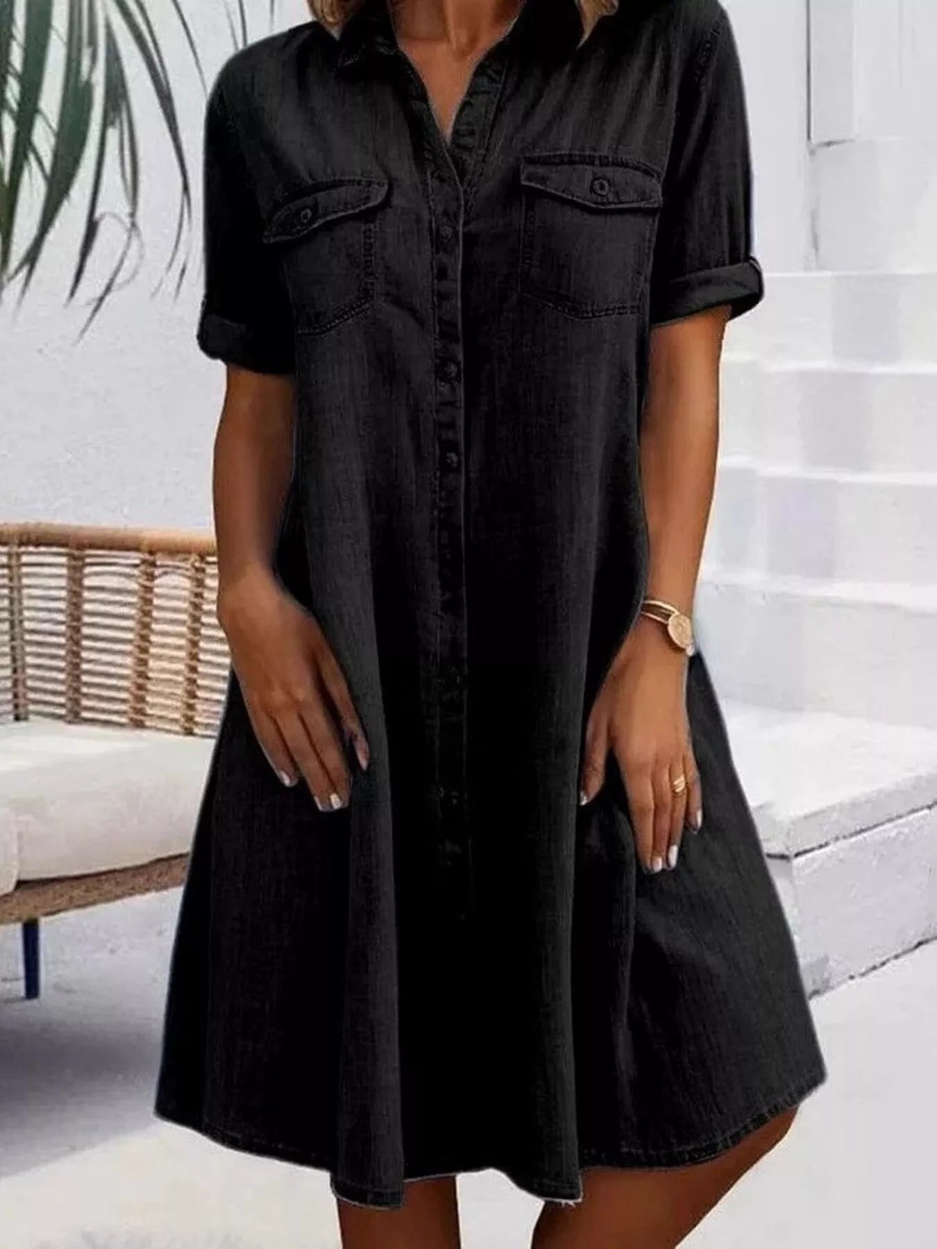 Full Size Button-Front Short Sleeve Denim Dress Plus Size - Thalia Chic