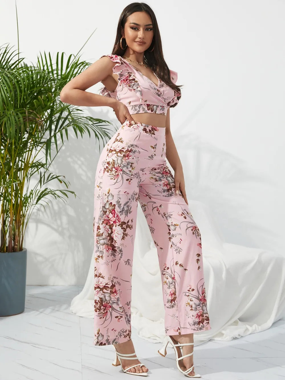 Honey Printed Surplice Cap Sleeve Top and Pants Set - Thalia Chic