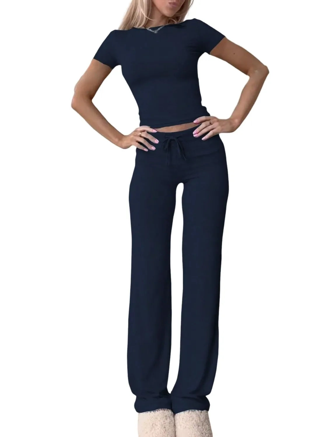 Round Neck Short Sleeve Top and Pants Set - Thalia Chic