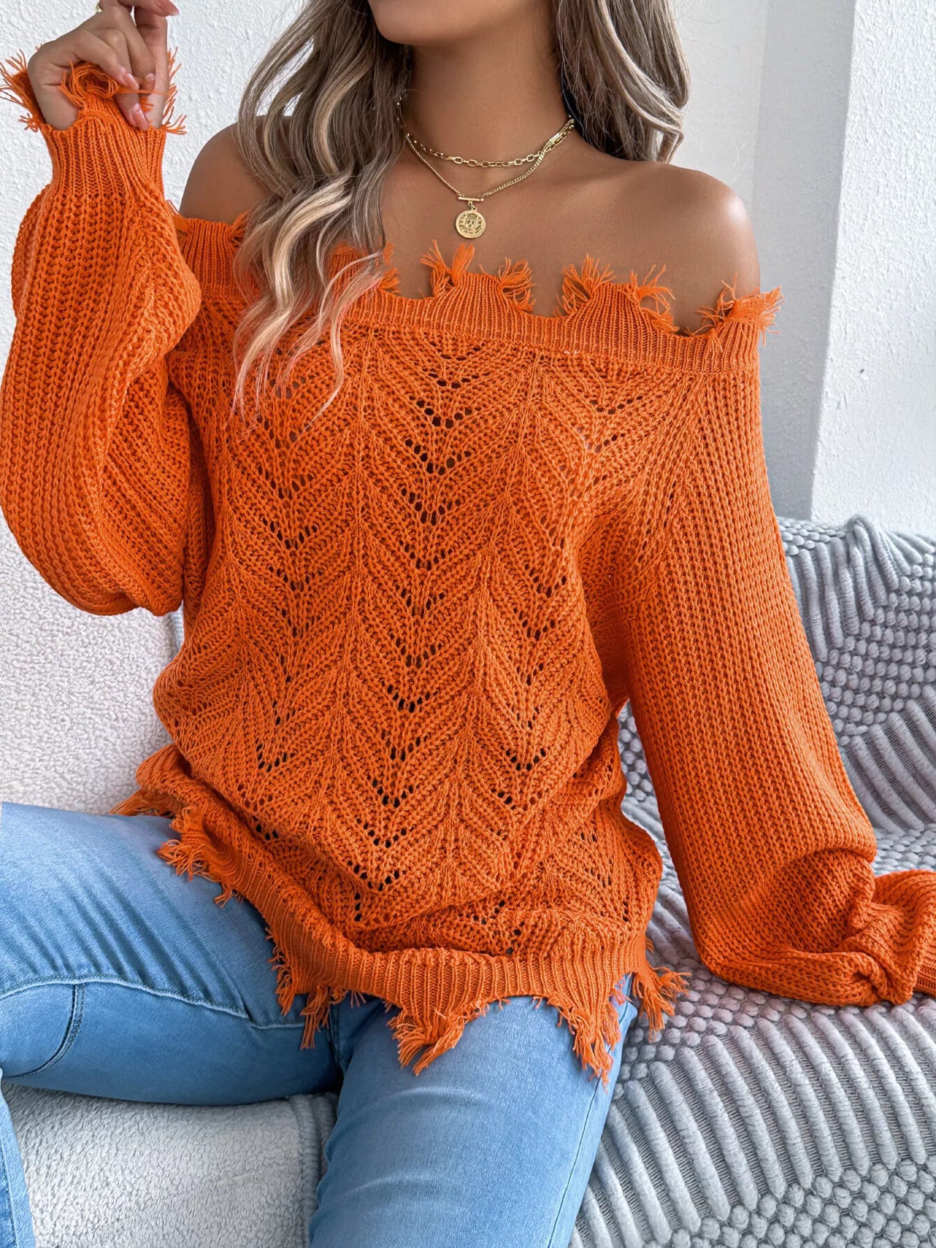 Distressed Hem Openwork Off-Shoulder Sweater - Thalia Chic