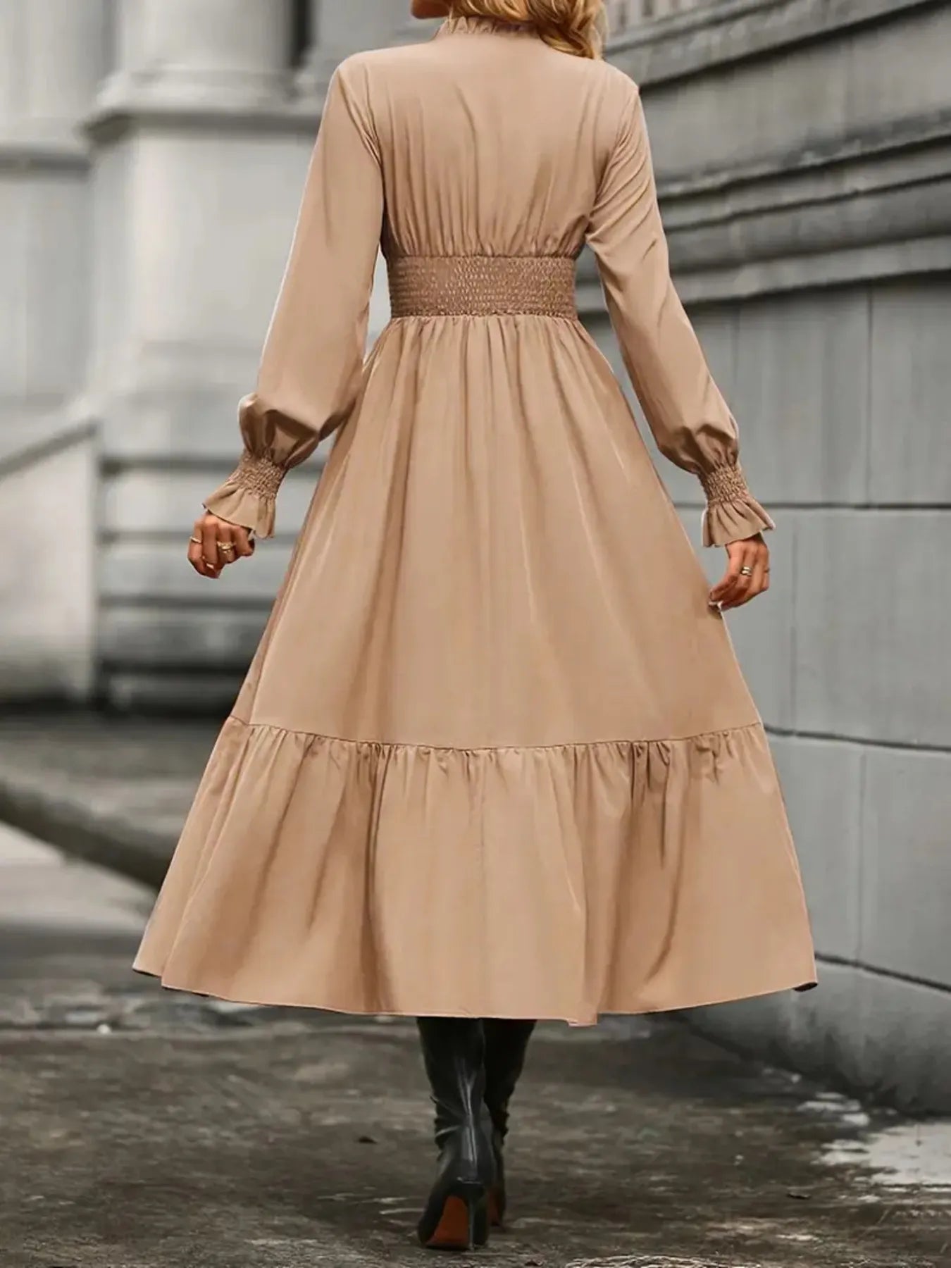 Notched Long Sleeve Tiered Dress - Thalia Chic