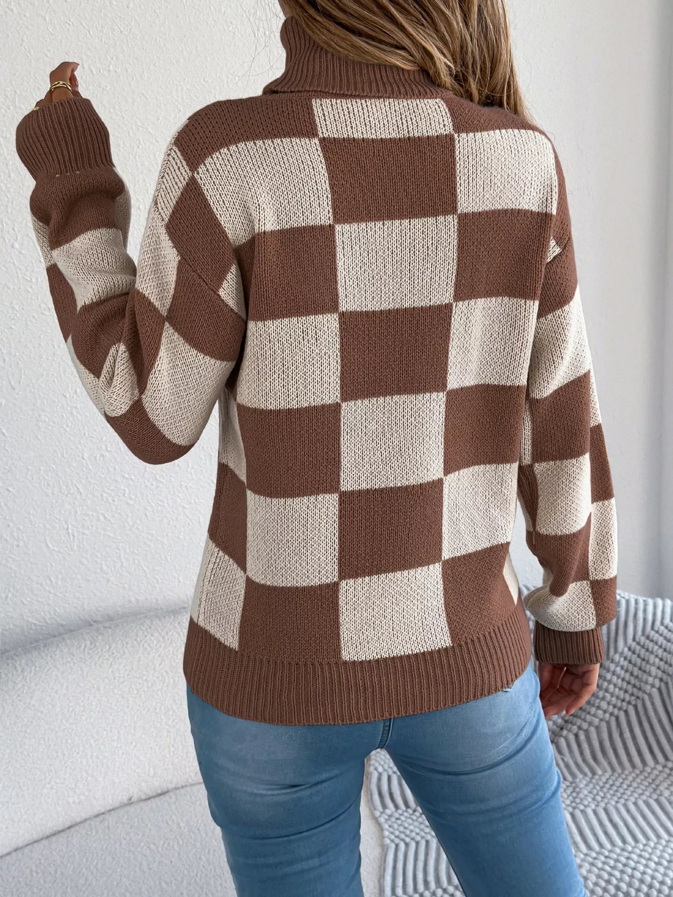 Checkered Turtleneck Long Sleeve Sweater - Thalia Chic