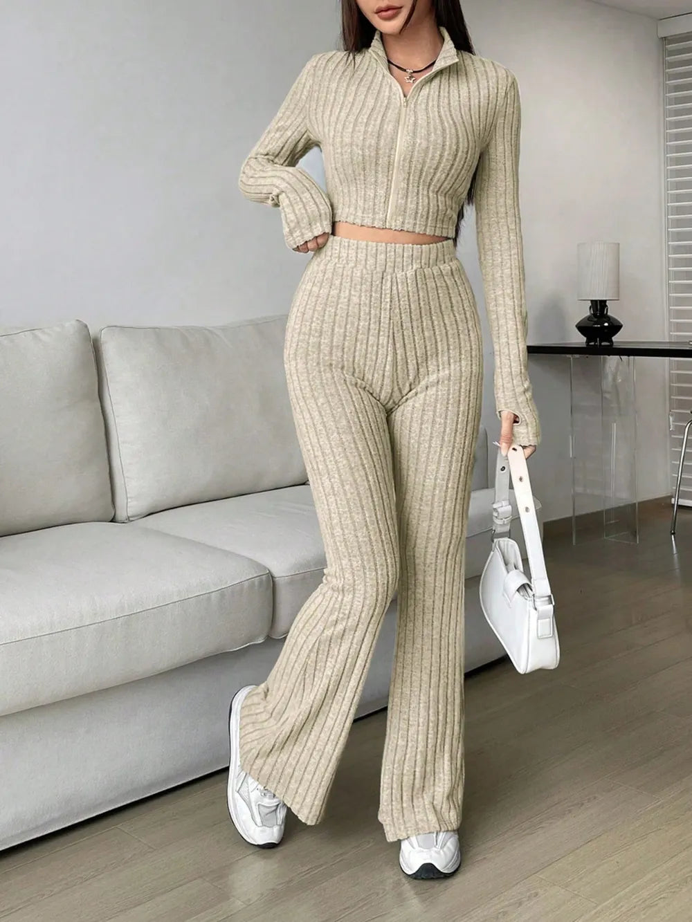 Honey Zip Up Long Sleeve Top and Pants Set - Thalia Chic