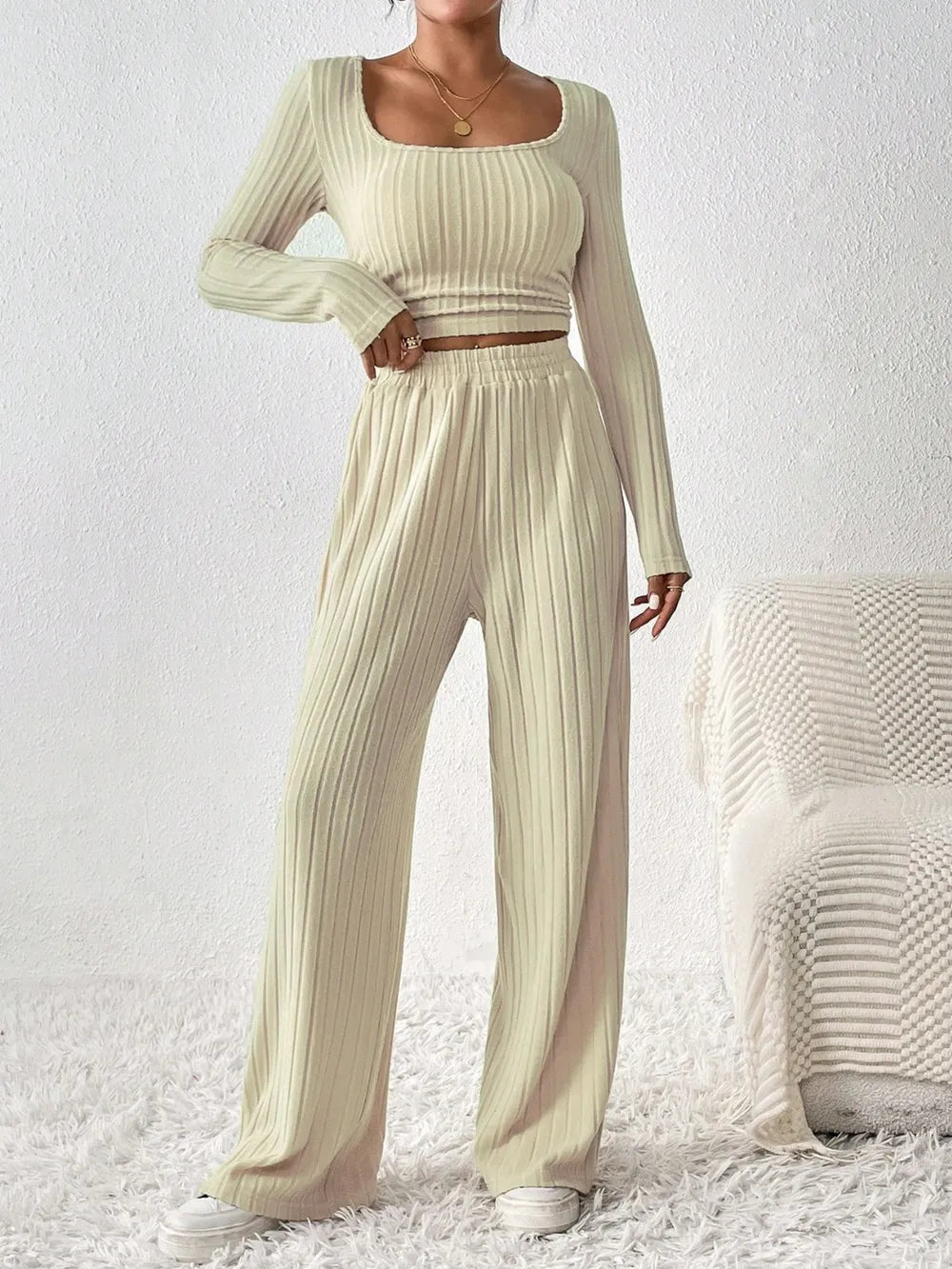 Honey Scoop Neck Long Sleeve Top and Pants Set - Thalia Chic
