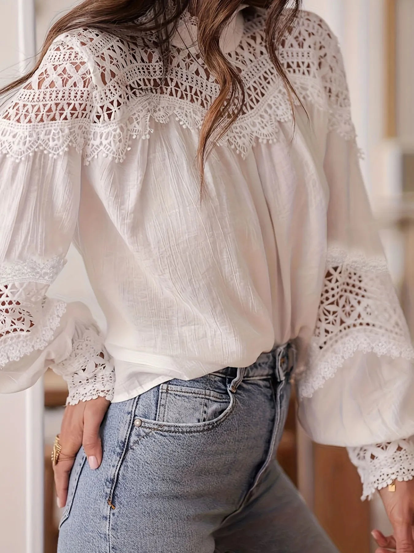 Crochet Lace Detail Long Sleeve Blouse - Thalia Chic
