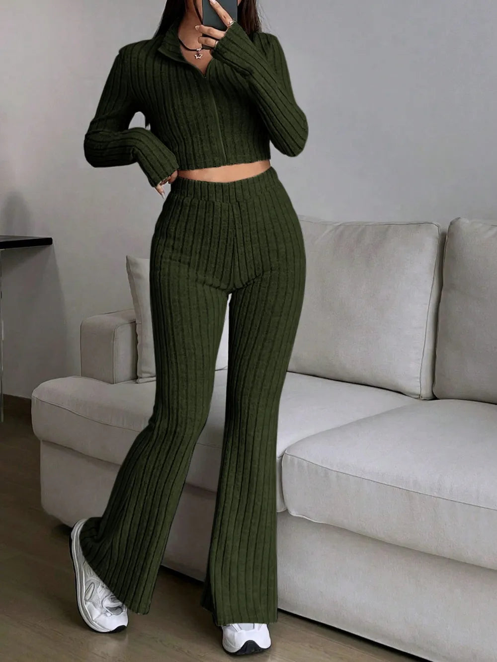 Honey Zip Up Long Sleeve Top and Pants Set - Thalia Chic