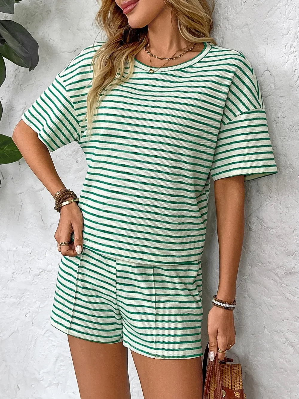 Striped Round Neck Short Sleeve Top and Shorts Set - Thalia Chic