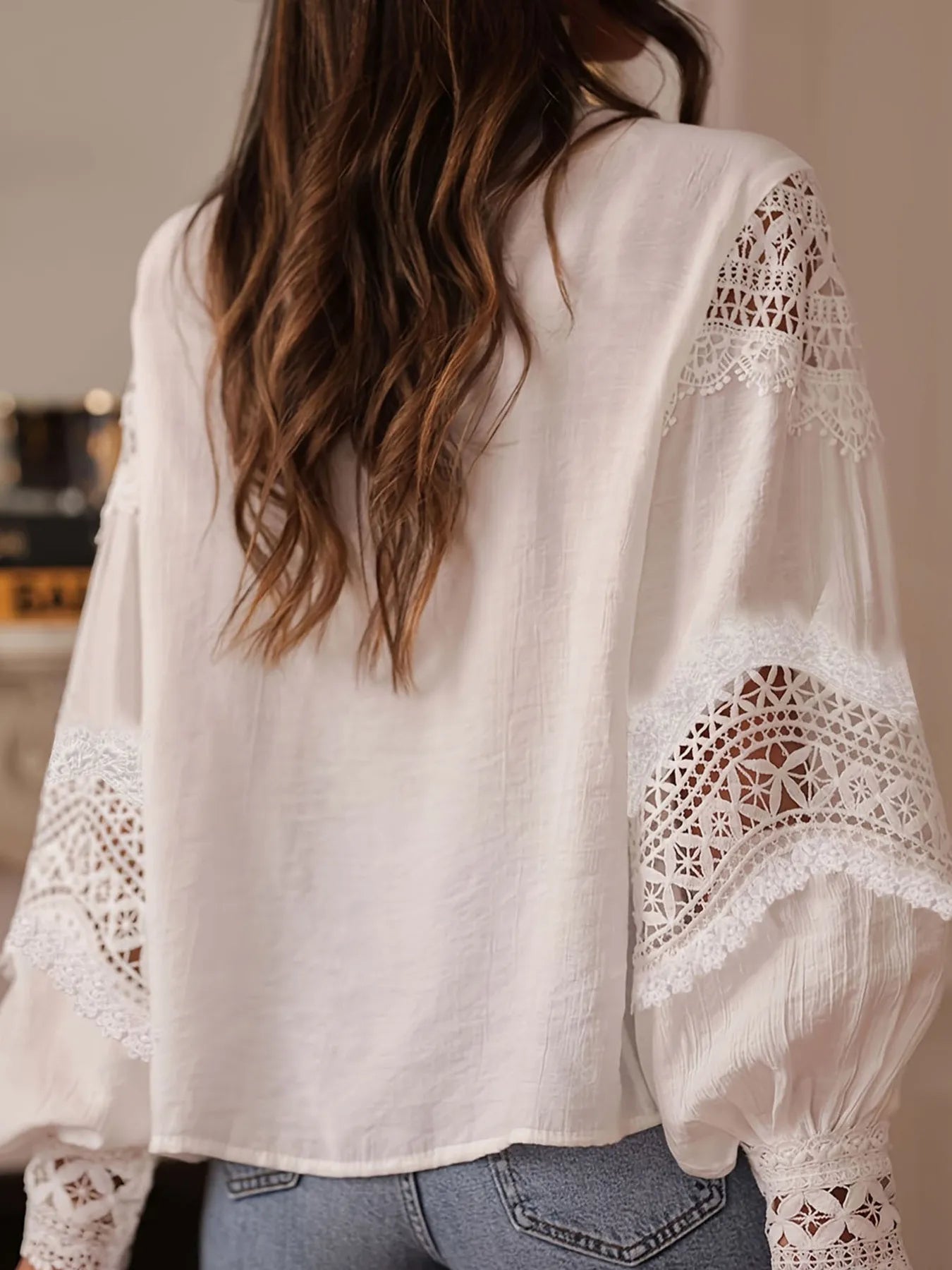Crochet Lace Detail Long Sleeve Blouse - Thalia Chic