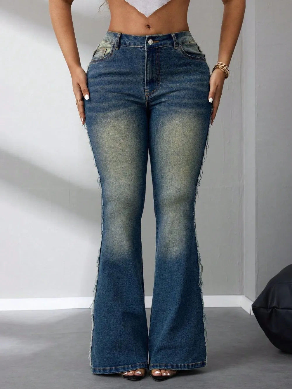 Side Raw Hem Flare Jeans - Thalia Chic