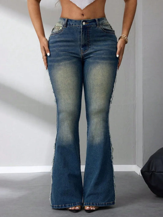 Side Raw Hem Flare Jeans - Thalia Chic