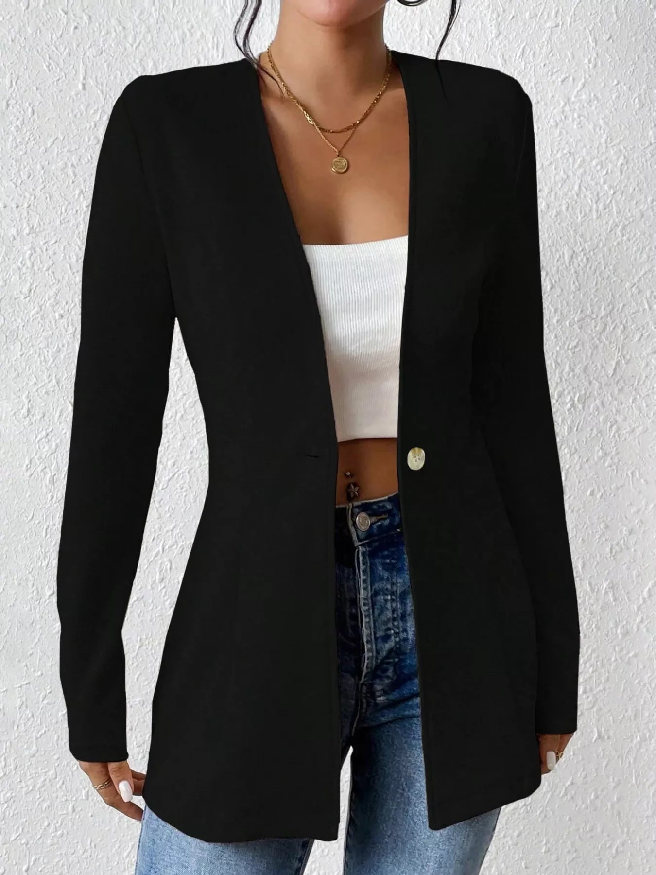 One Button Long Sleeve Blazer - Thalia Chic