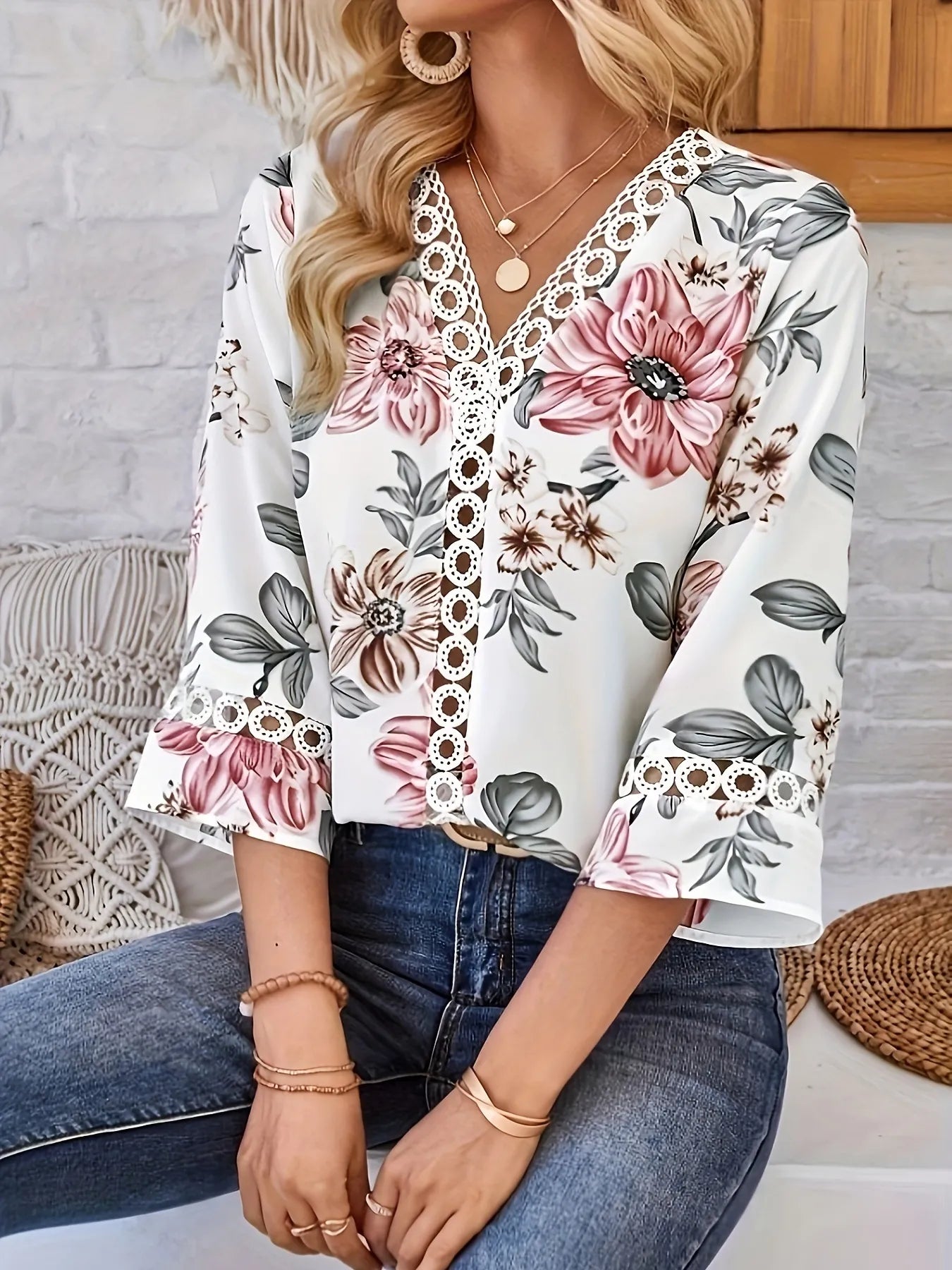 Floral Print V-Neck Blouse - Thalia Chic