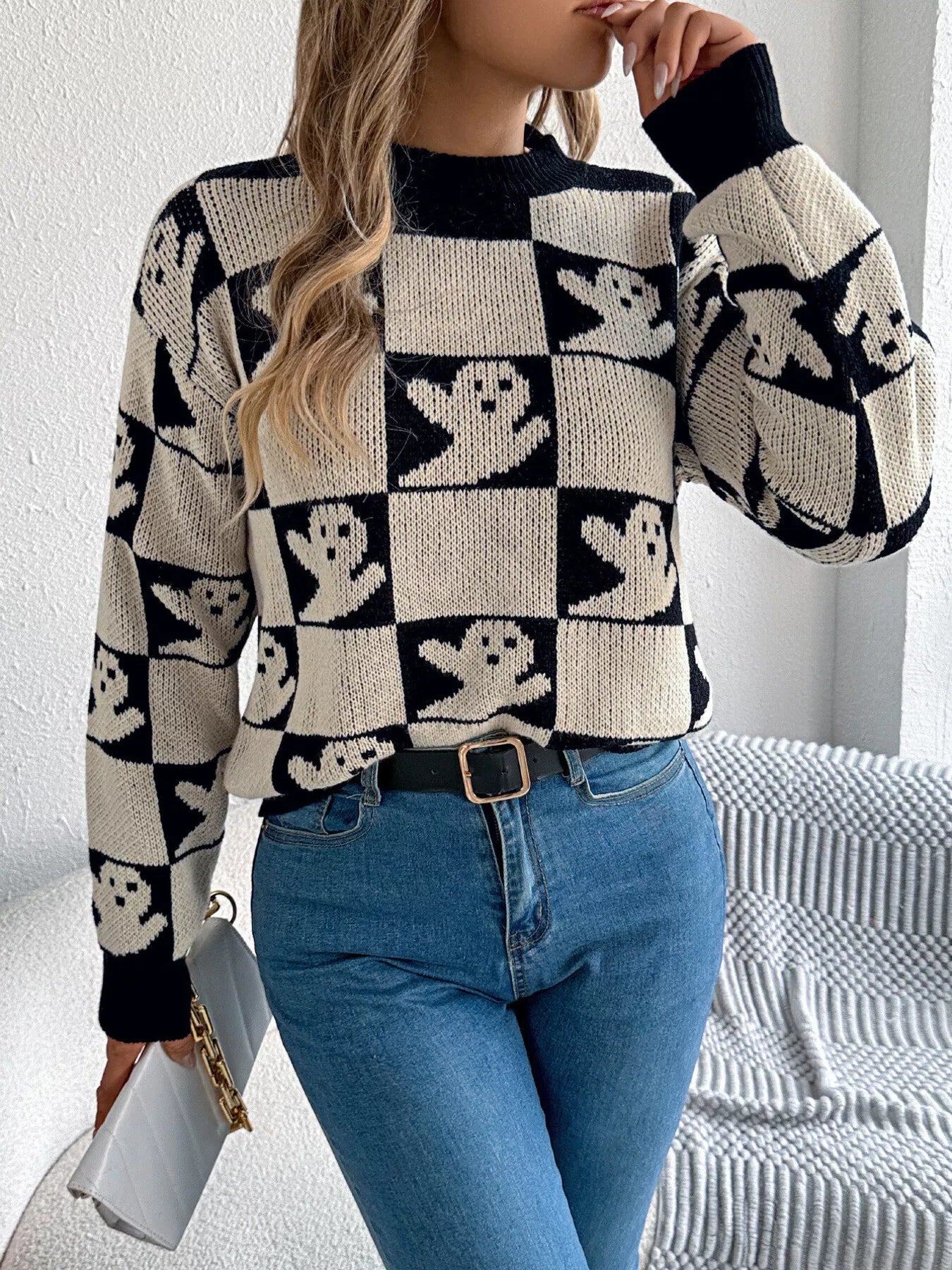 Halloween Ghost Pattern Checkered Round Neck Sweater - Thalia Chic