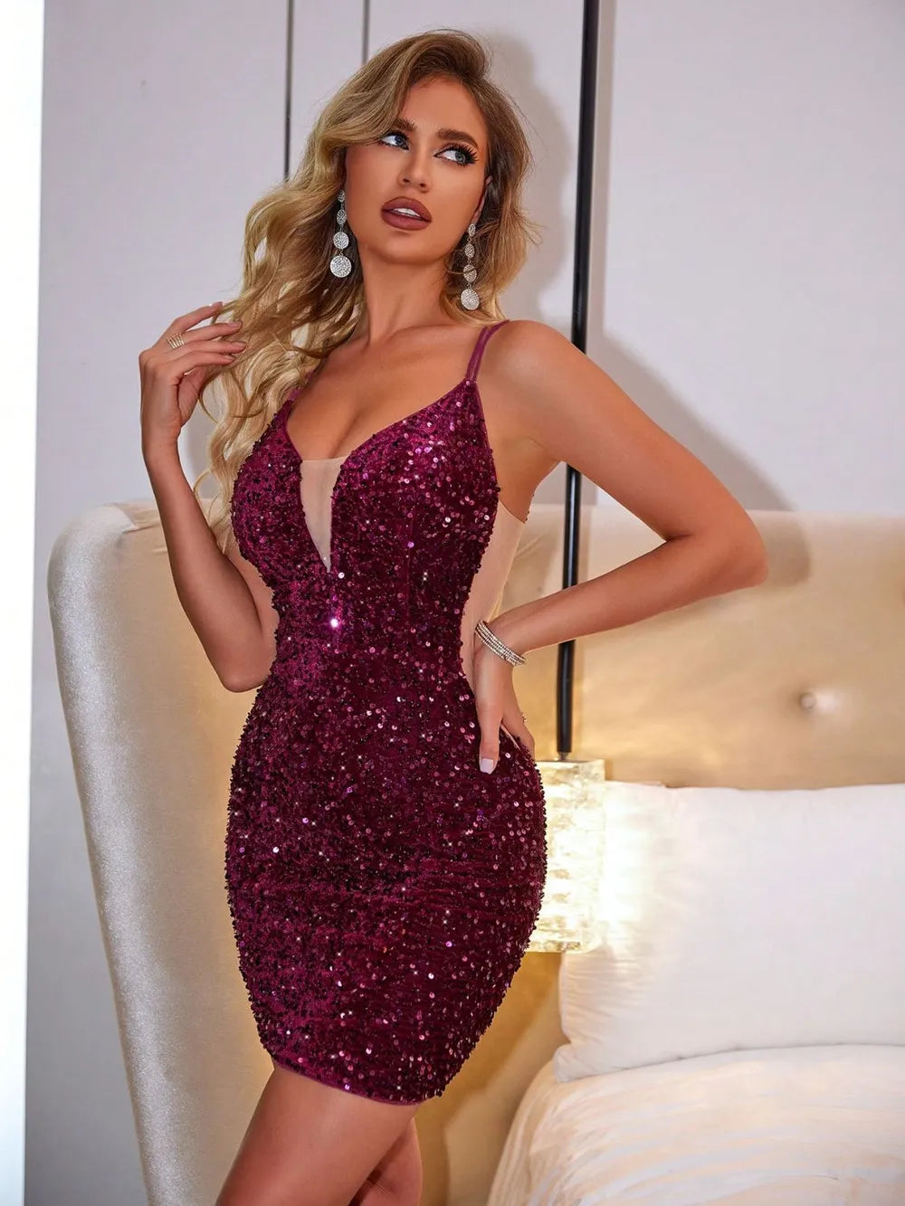 Lace-Up Sequin Plunge Sleeveless Dress - Thalia Chic