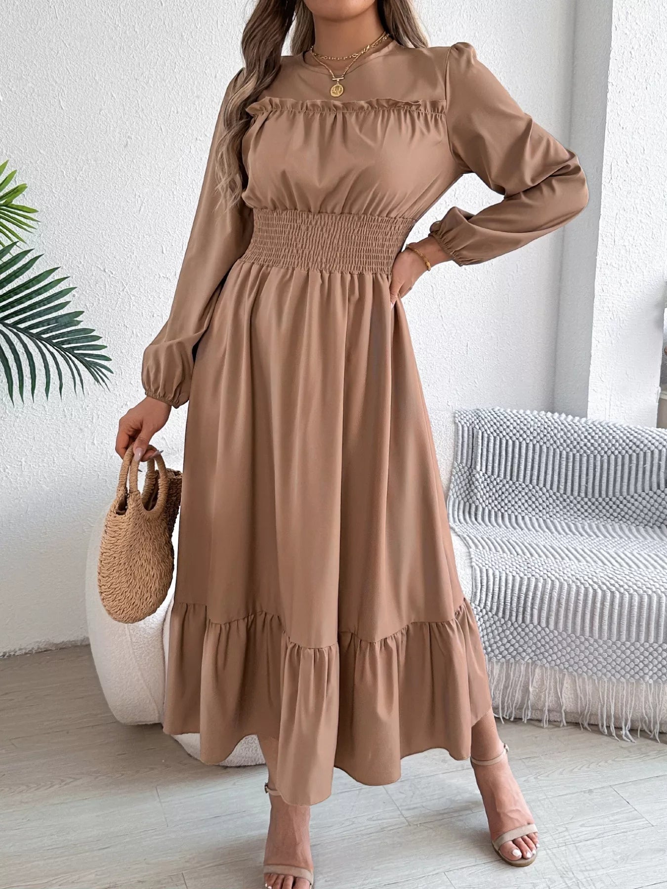 Round Neck Balloon Sleeve Tiered Dress - Thalia Chic