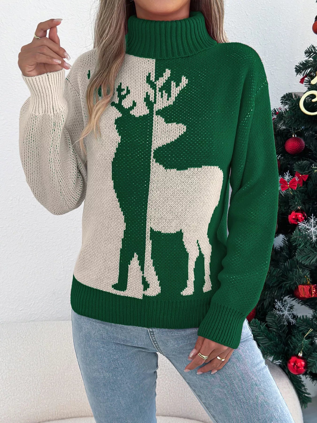 Christmas Reindeer Turtleneck Sweater - Thalia Chic