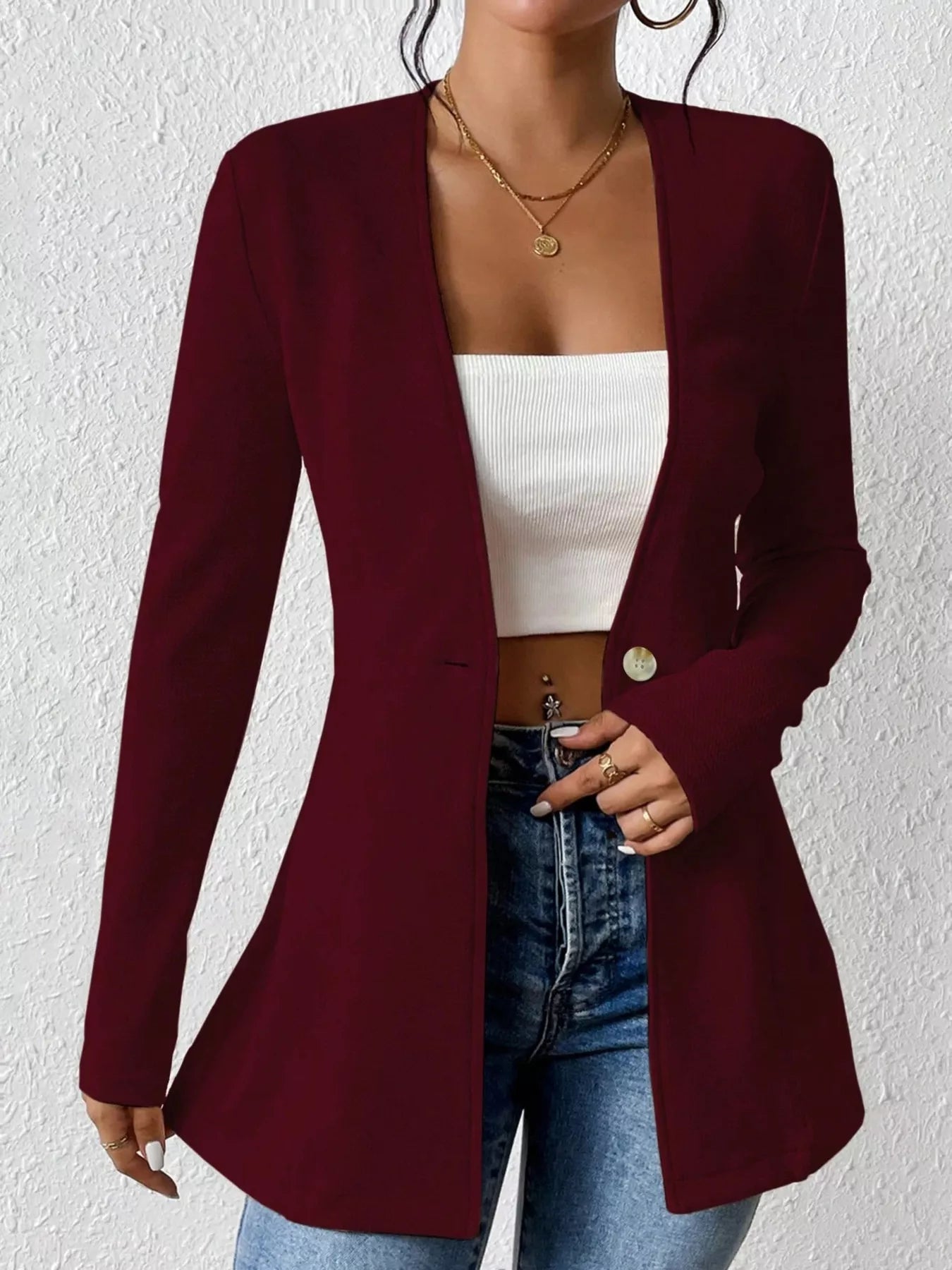 One Button Long Sleeve Blazer - Thalia Chic