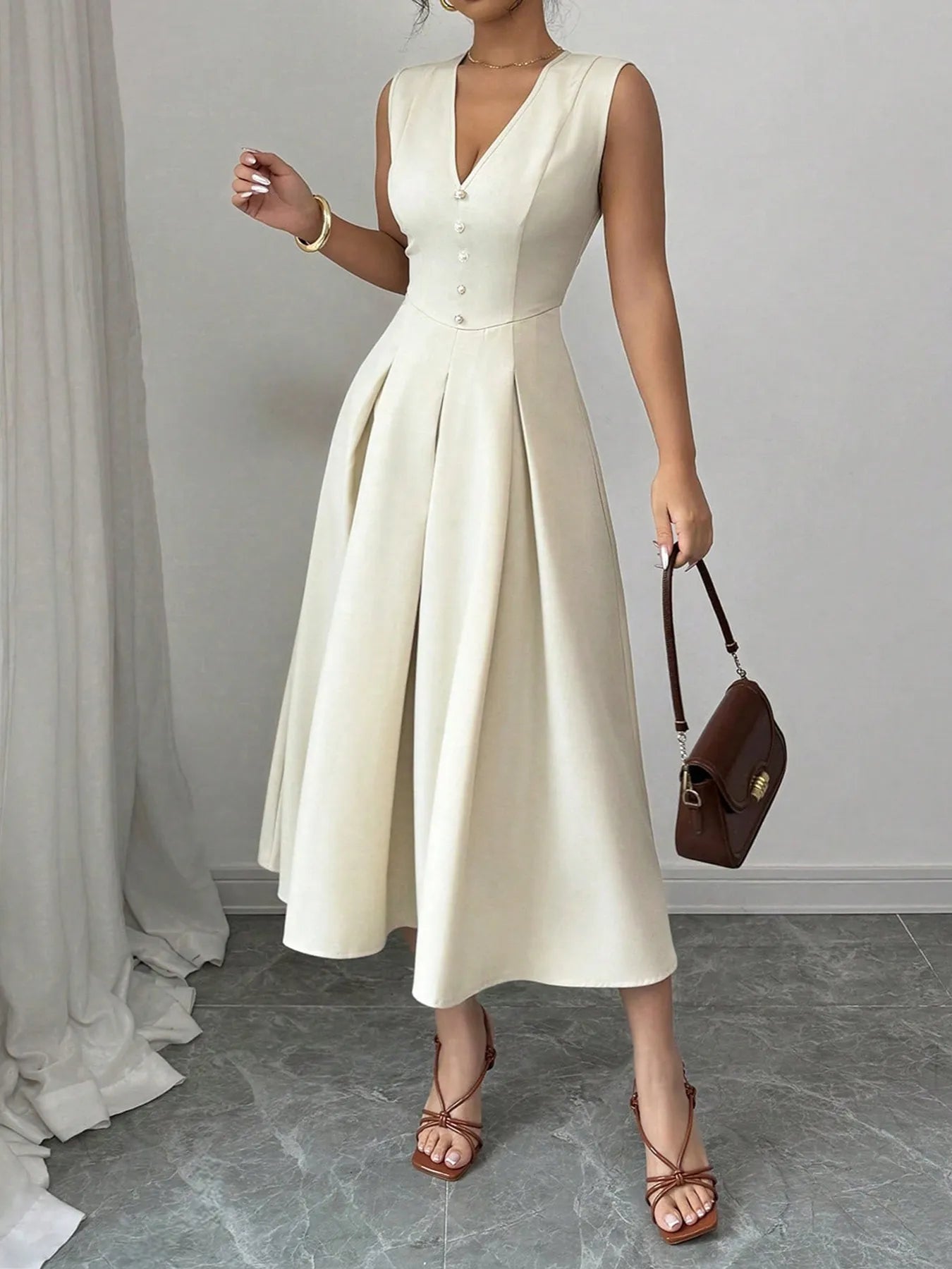 V-Neck Sleeveless Midi Dress - Thalia Chic