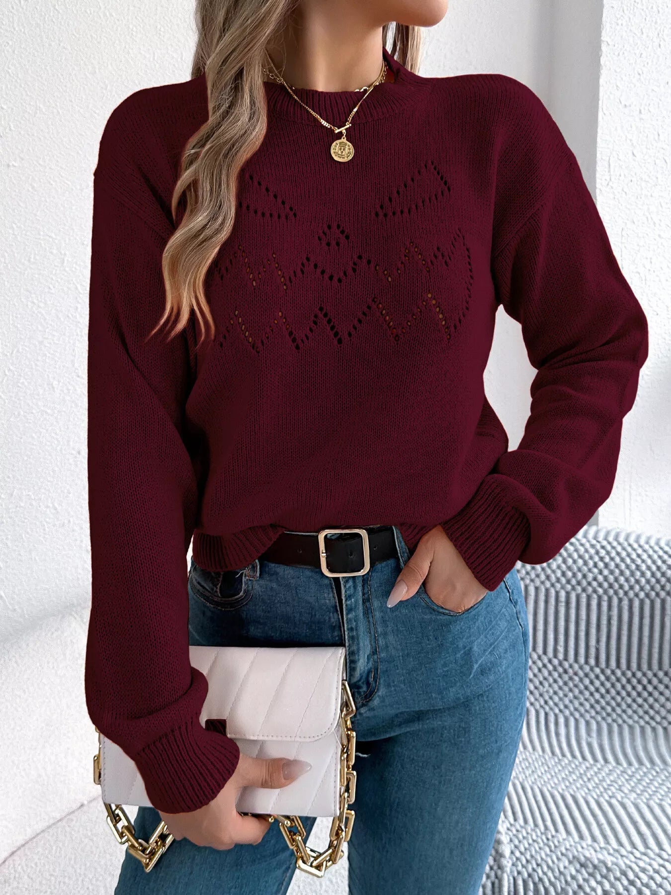 Openwork Round Neck Long Sleeve Sweater - Thalia Chic